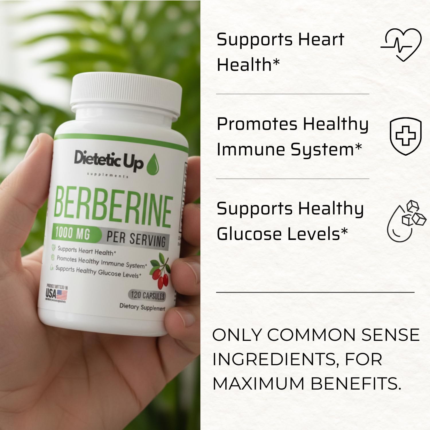 Dietetic Up Berberine HCL 1000mg supplement capsules in hand