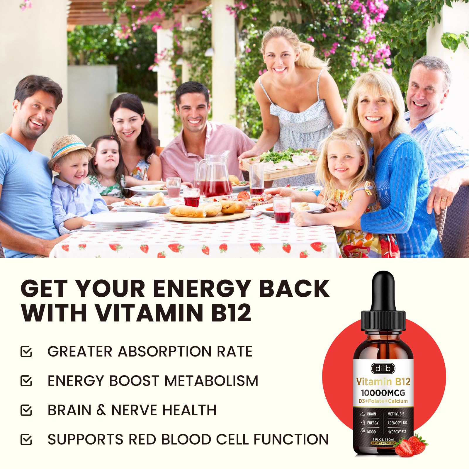 dilib B12 Liquid Drops bottle side view showing dosage information