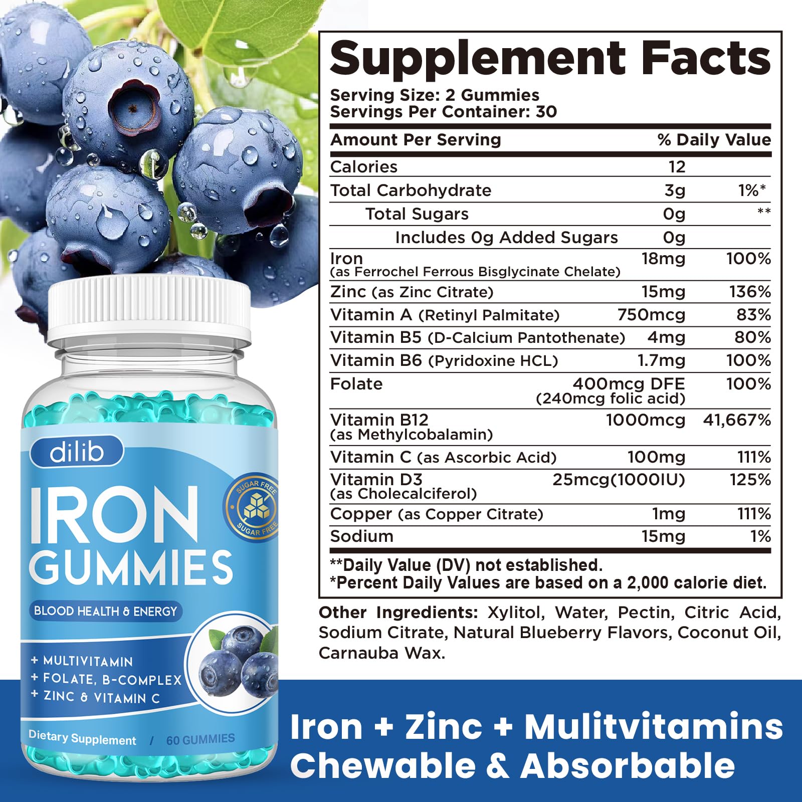 dilib Iron Supplement Gummies displayed with fresh blueberries