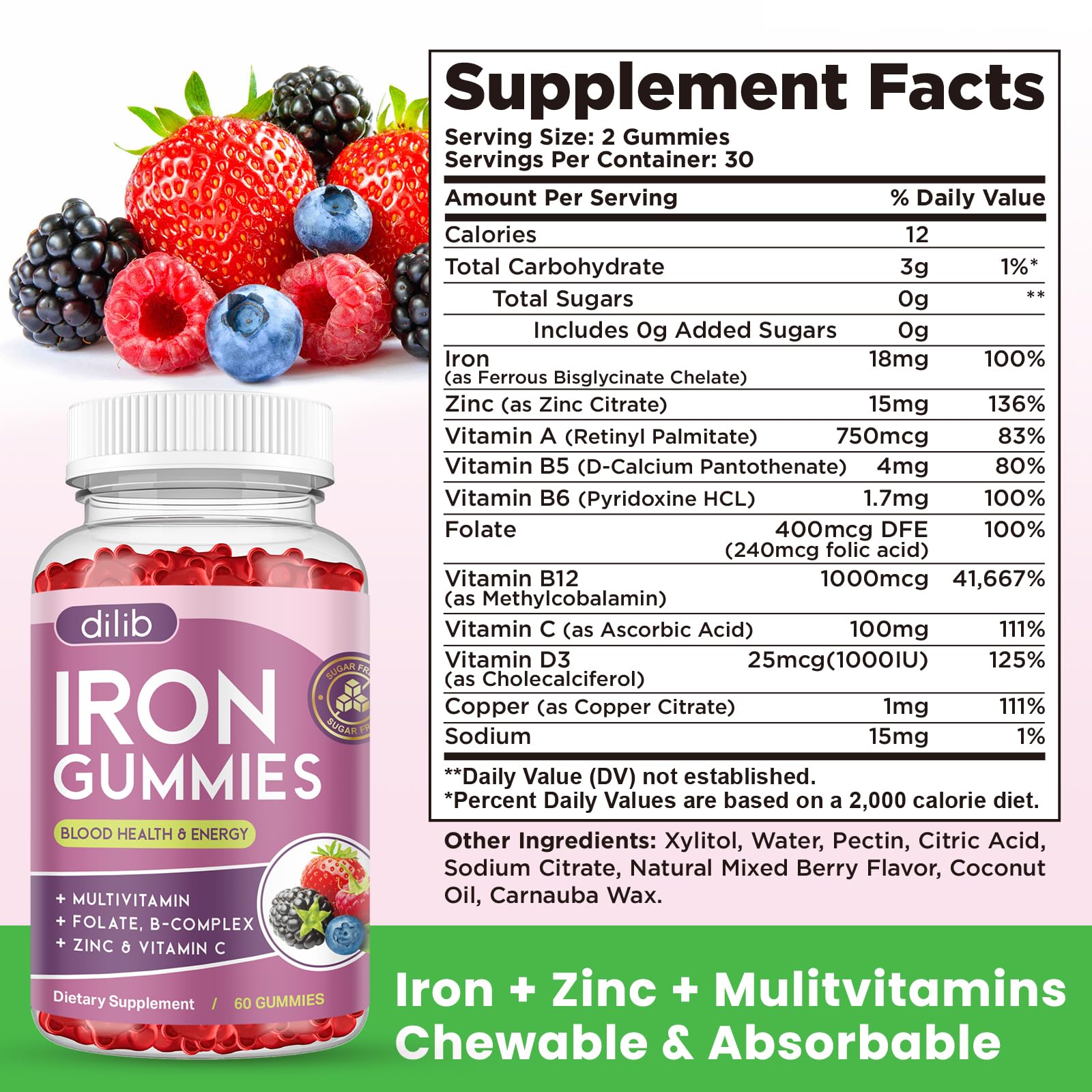 dilib Iron Supplement Gummies displayed with other vitamins