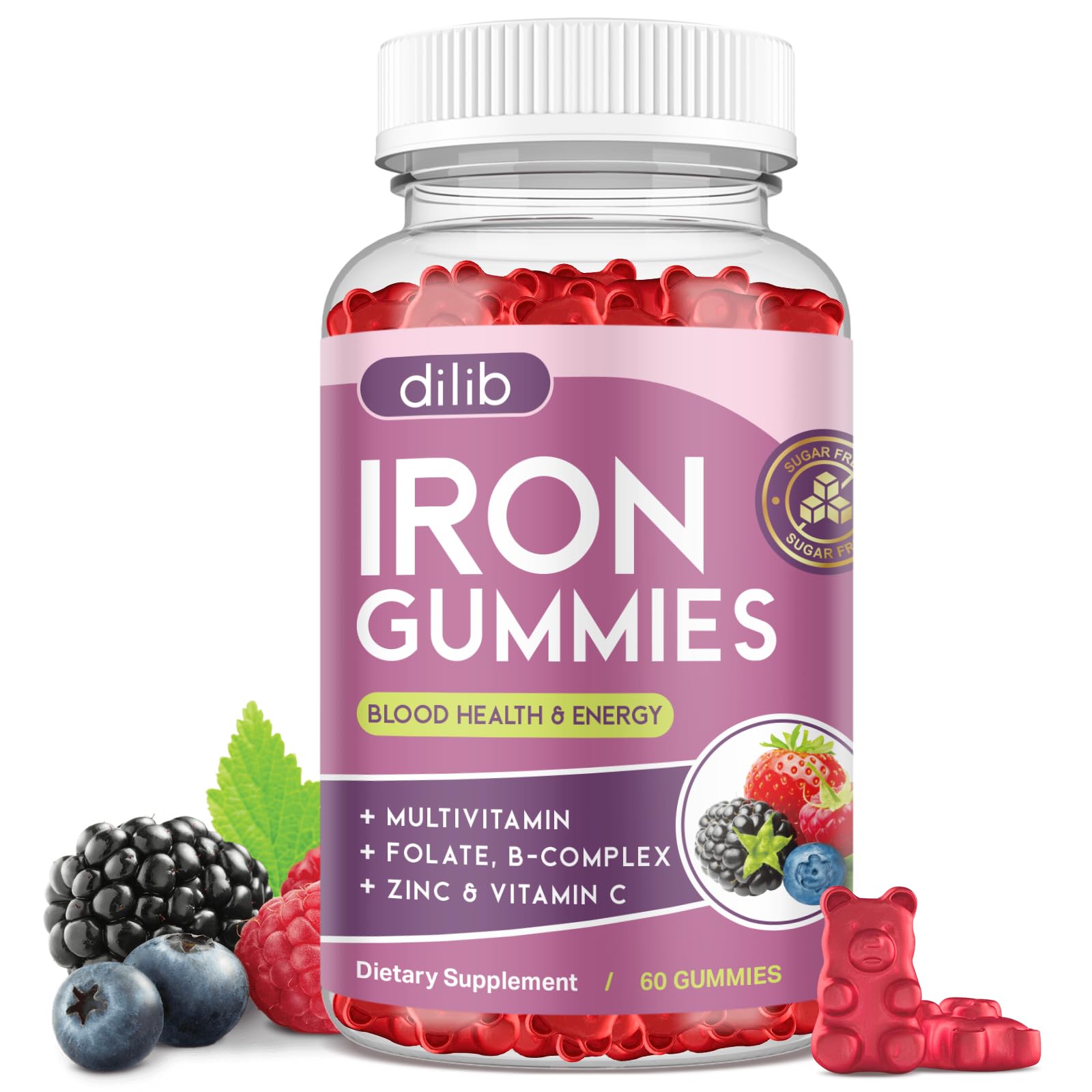 dilib Iron Supplement Gummies front view with mixed berry flavour
