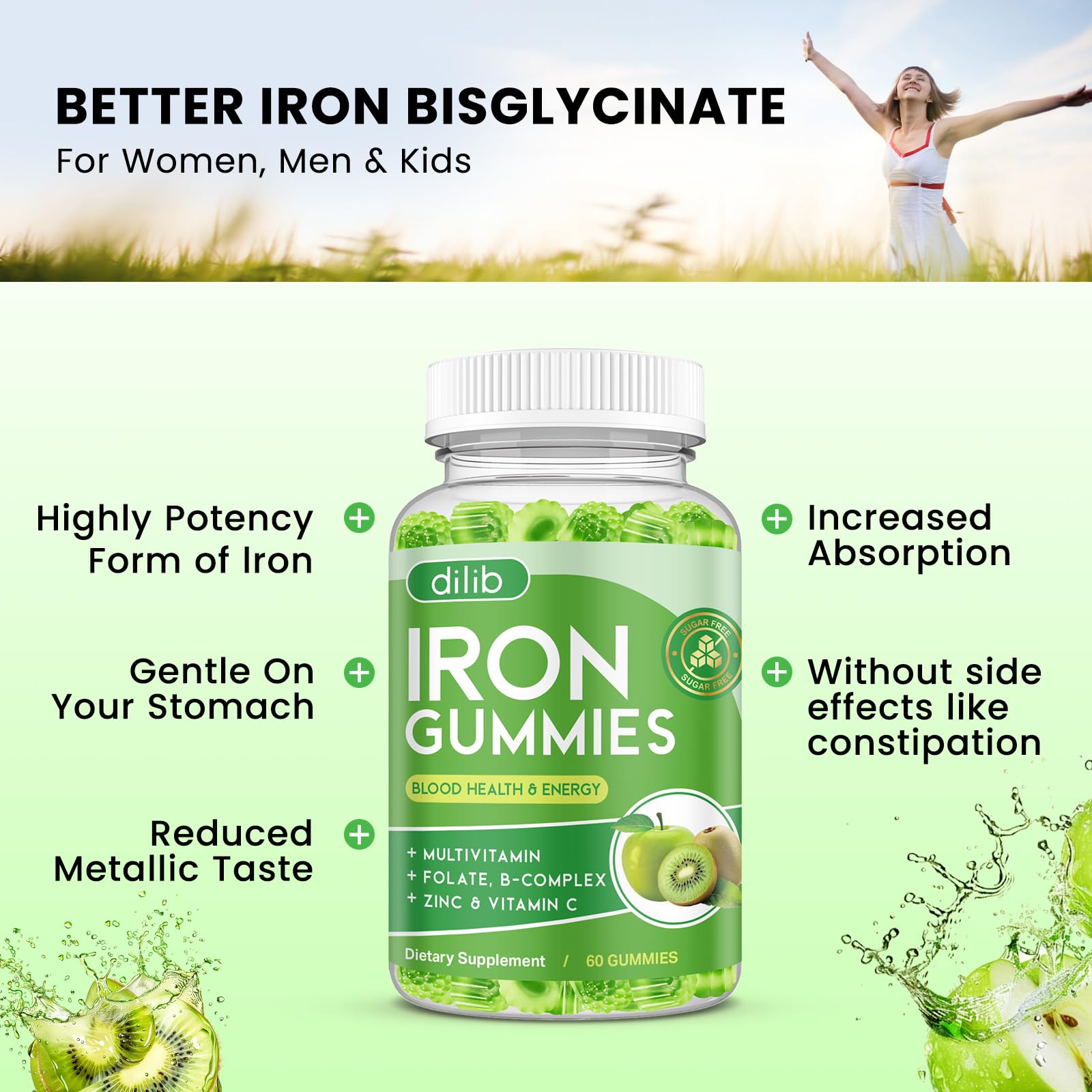 dilib Iron Supplement Gummies green apple and kiwi flavour