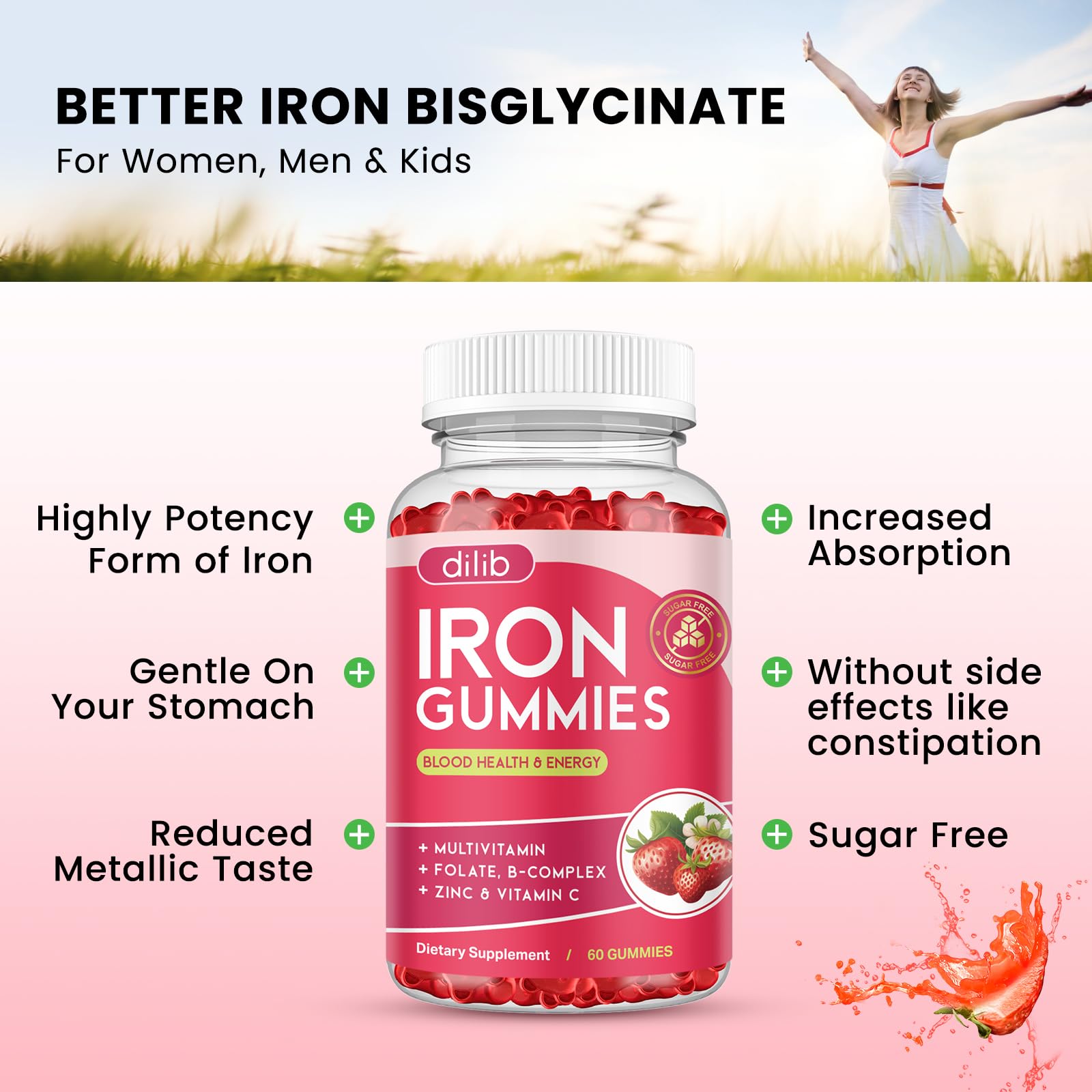 dilib Iron Supplement Gummies showing strawberry flavour