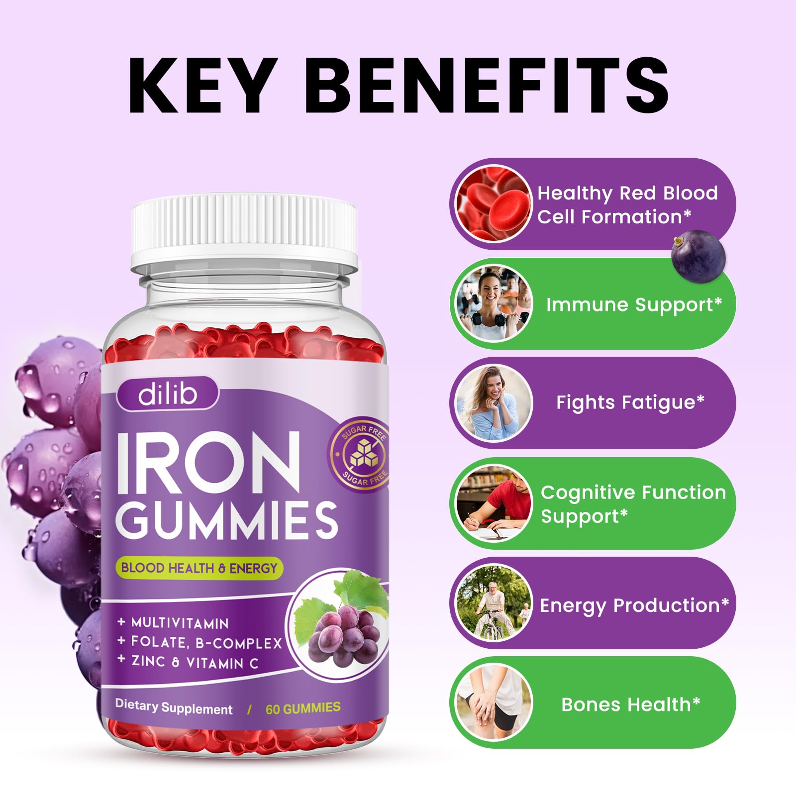 dilib Iron Supplement Gummies side view with dosage details
