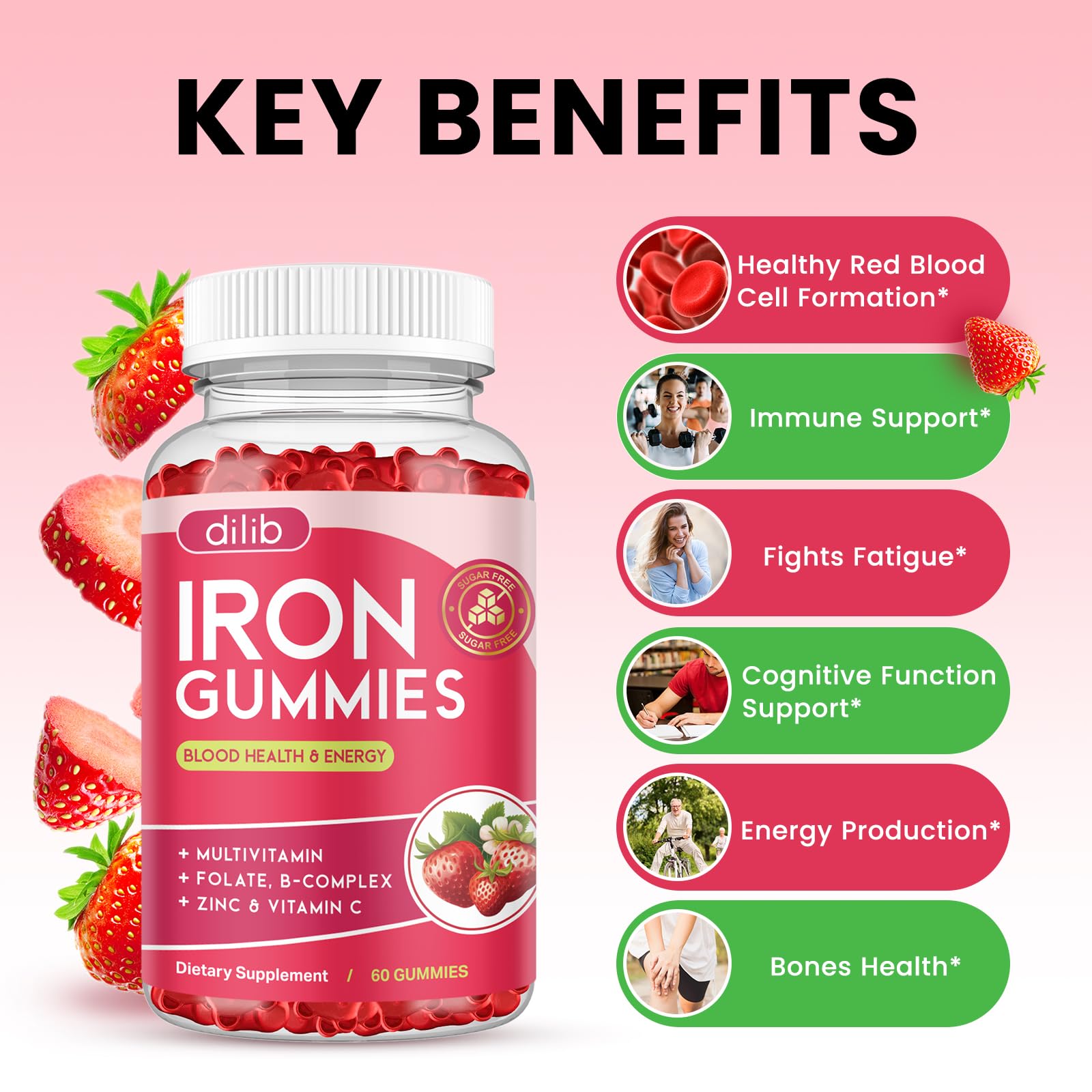 dilib Iron Supplement Gummies side view with nutritional information