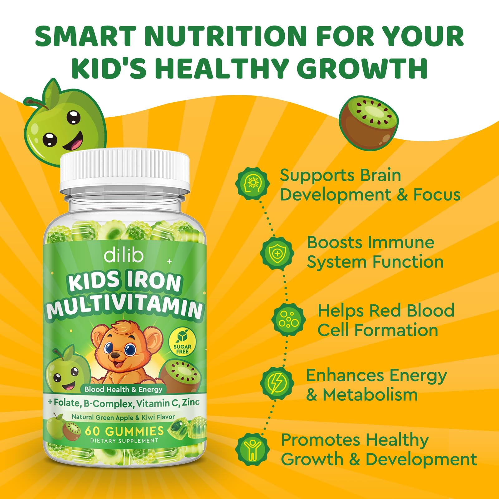 dilib Kids Iron Gummies kiwi flavour close-up