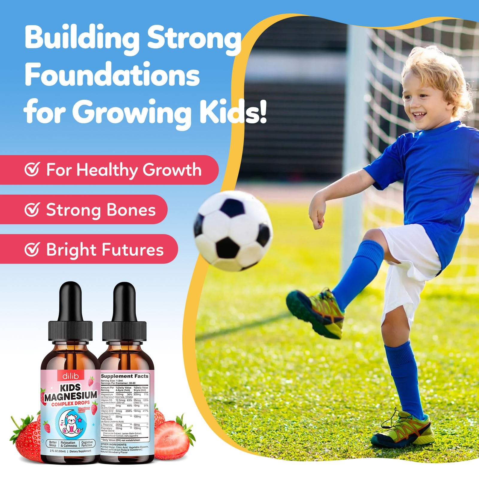 dilib Kids Magnesium Glycinate Liquid Supplement displayed with strawberries
