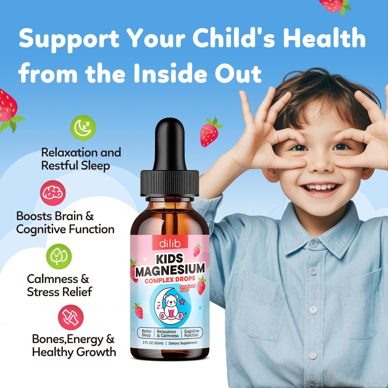 dilib Kids Magnesium Glycinate Liquid Supplement pouring into a spoon