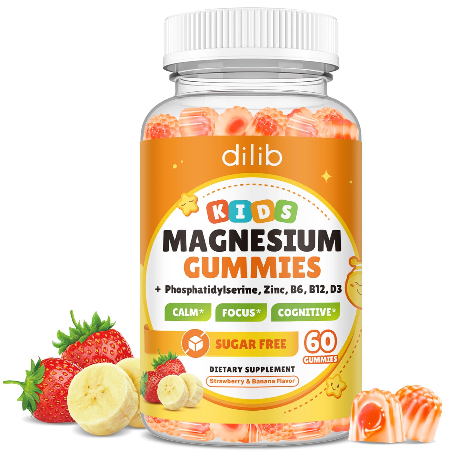 dilib Kids Magnesium Gummies 240g front view with strawberry and banana flavour