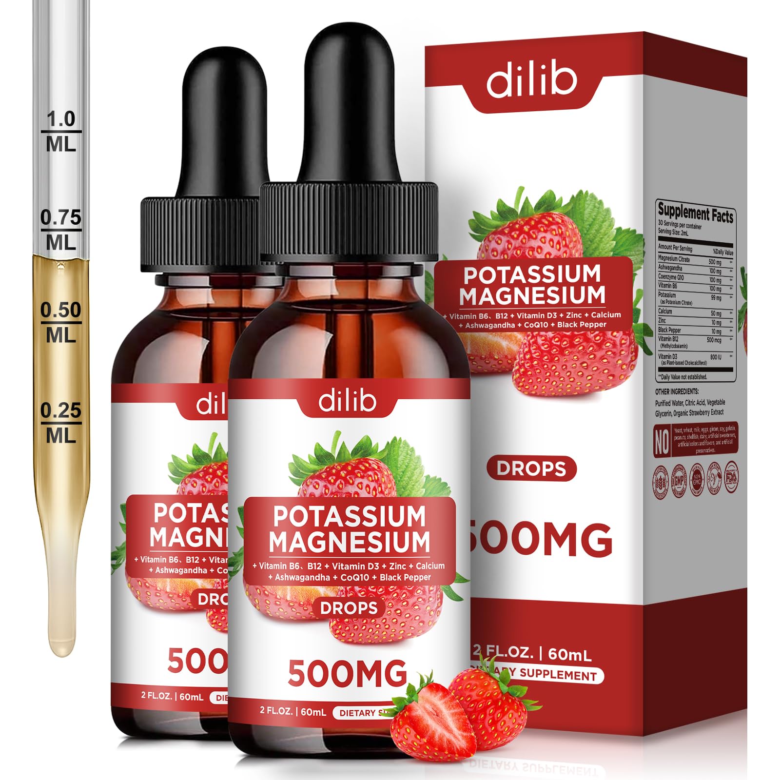 dilib Liquid Potassium Magnesium Drops front view with strawberry flavour