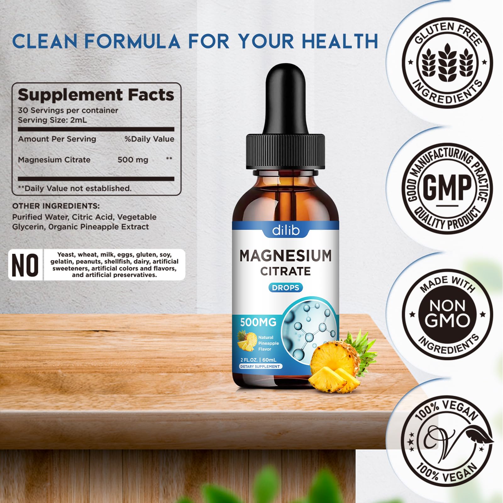dilib Magnesium Citrate Drops 500mg with fresh pineapple slices