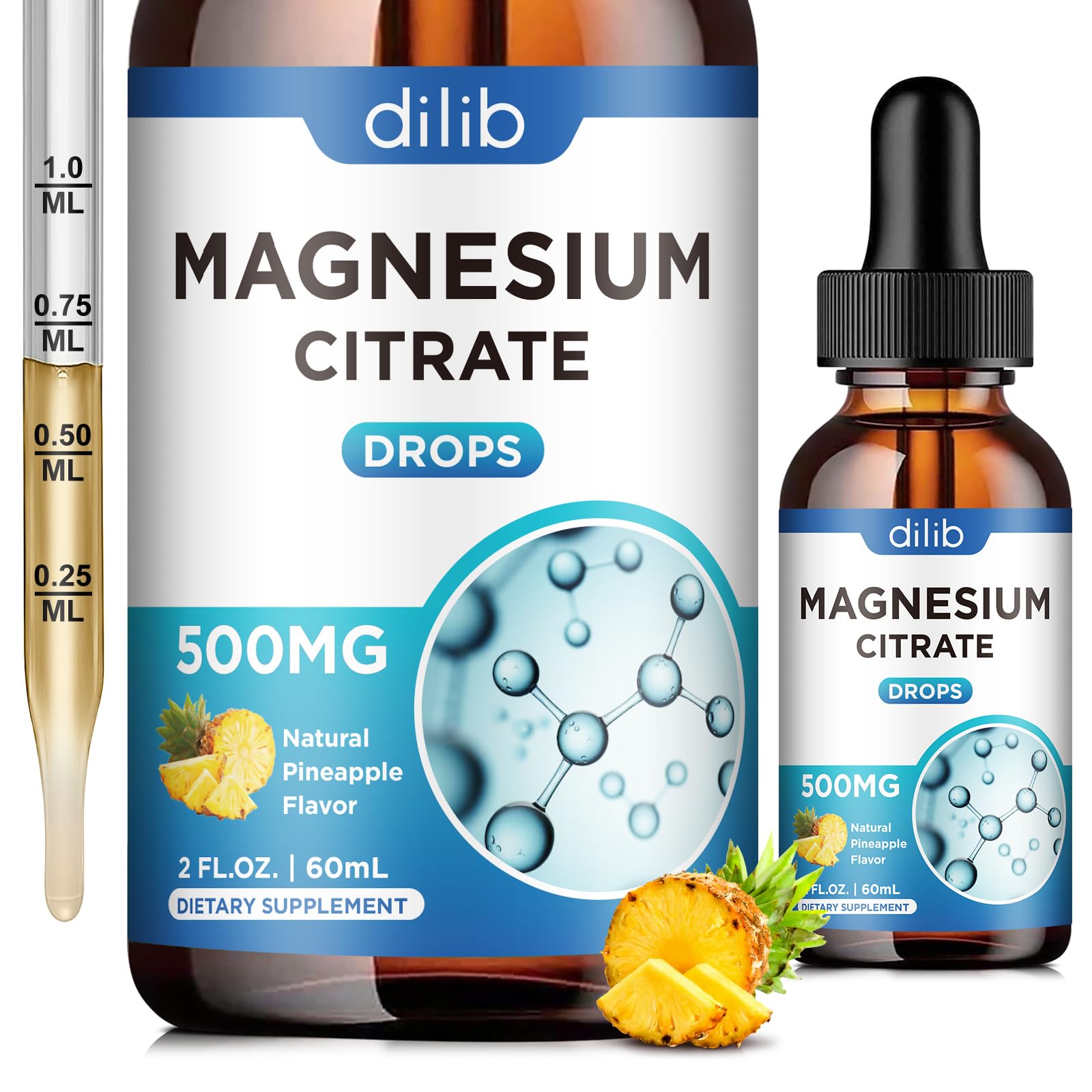 dilib Magnesium Citrate Liquid Drops 500mg front view with pineapple flavour