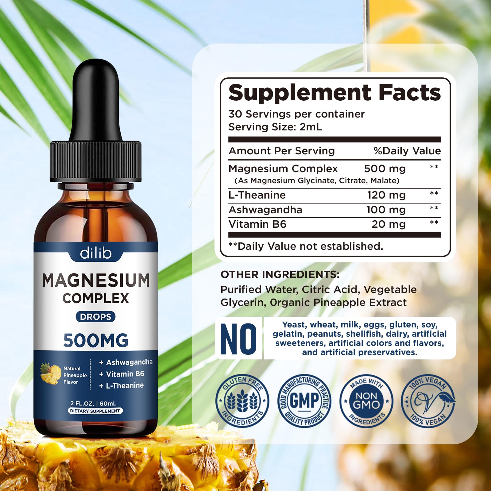 dilib Magnesium Complex Liquid Drops 500mg on wooden table