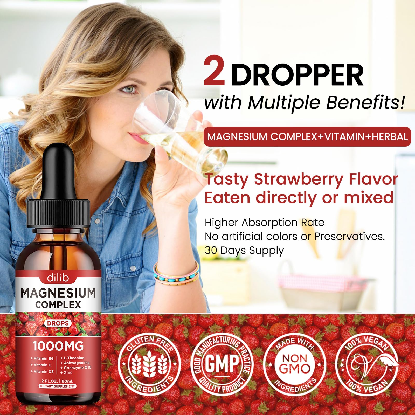 dilib Magnesium Drops 400mg on a wooden table