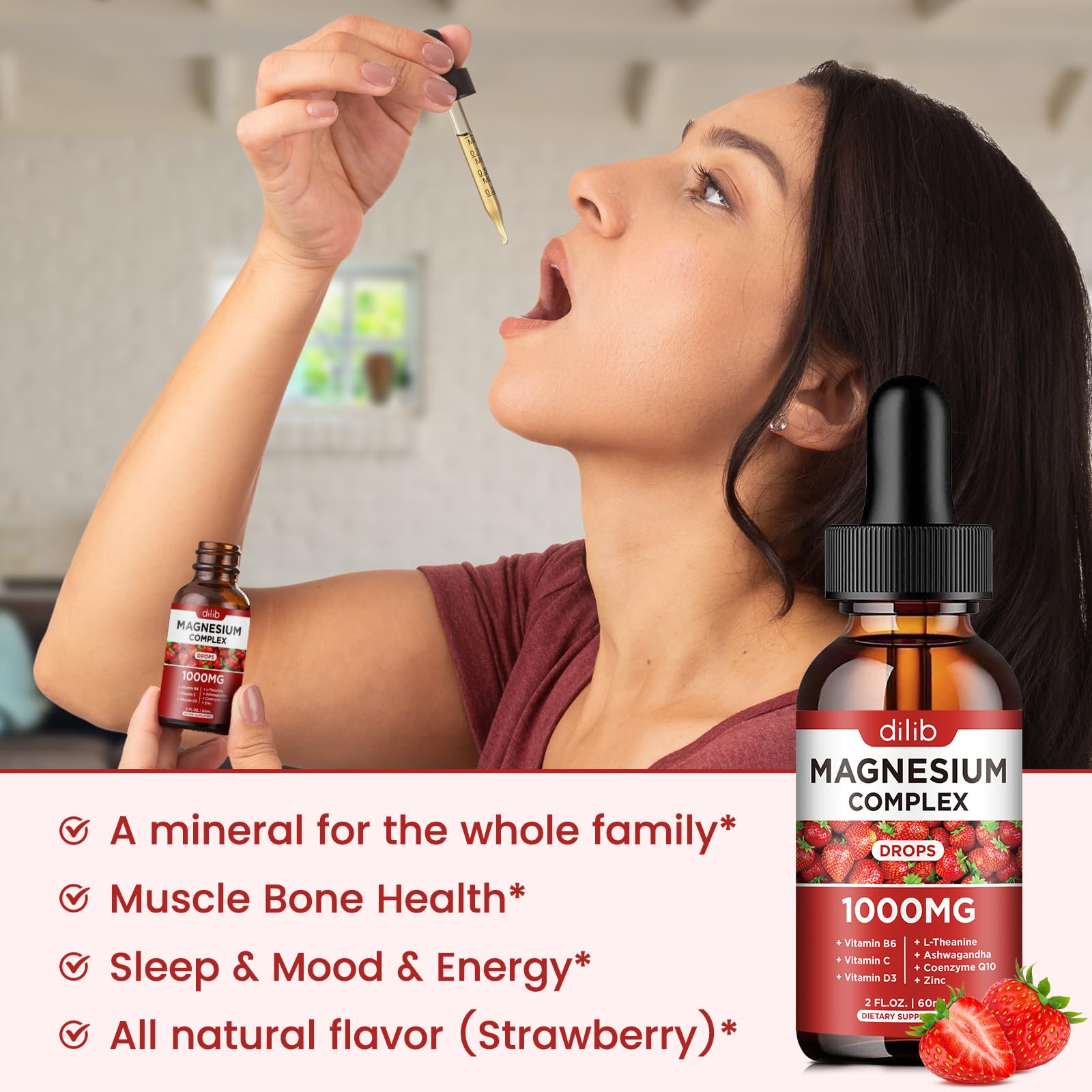 dilib Magnesium Drops 400mg with fresh strawberries