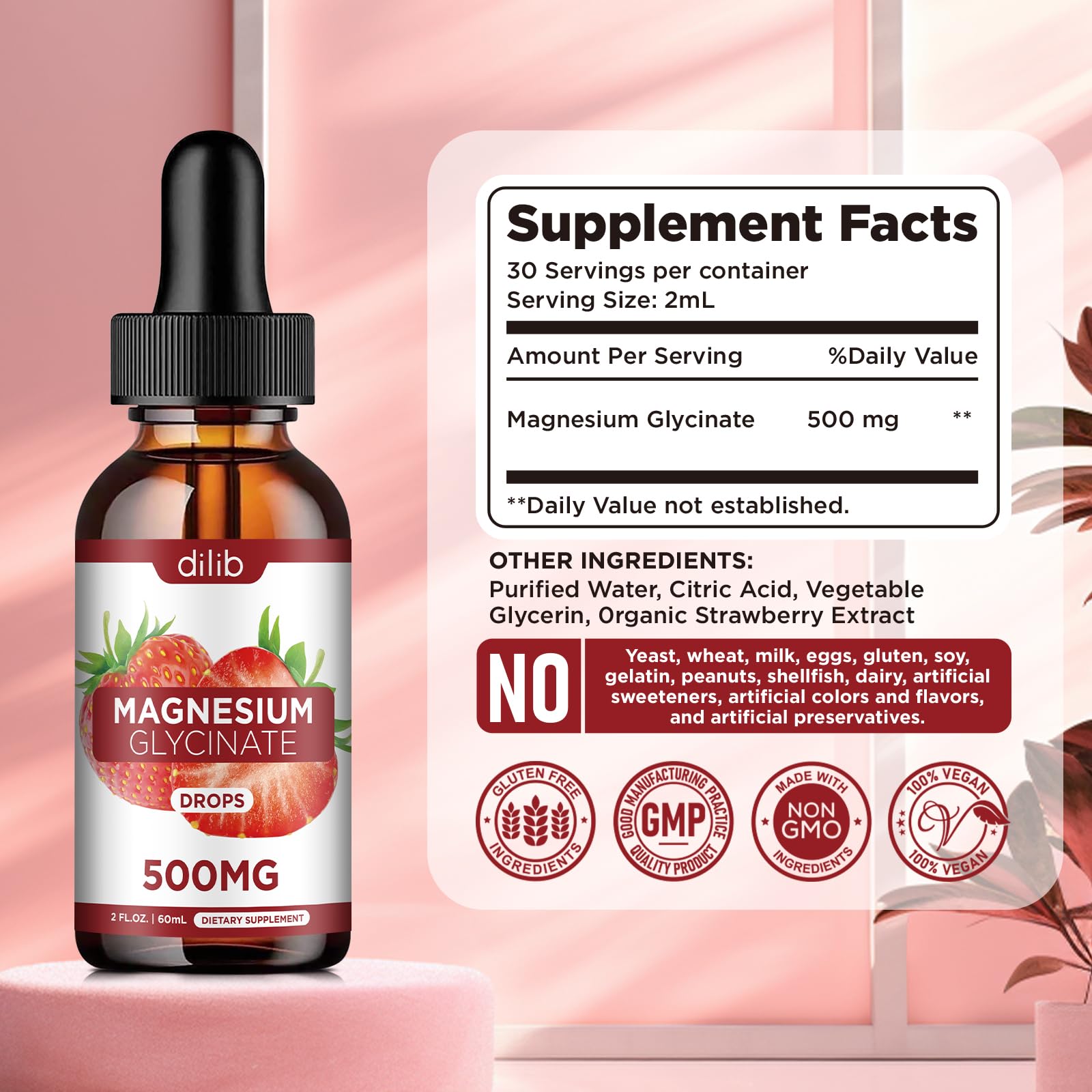 dilib Magnesium Glycinate Drops 500mg bottle with dosage instructions