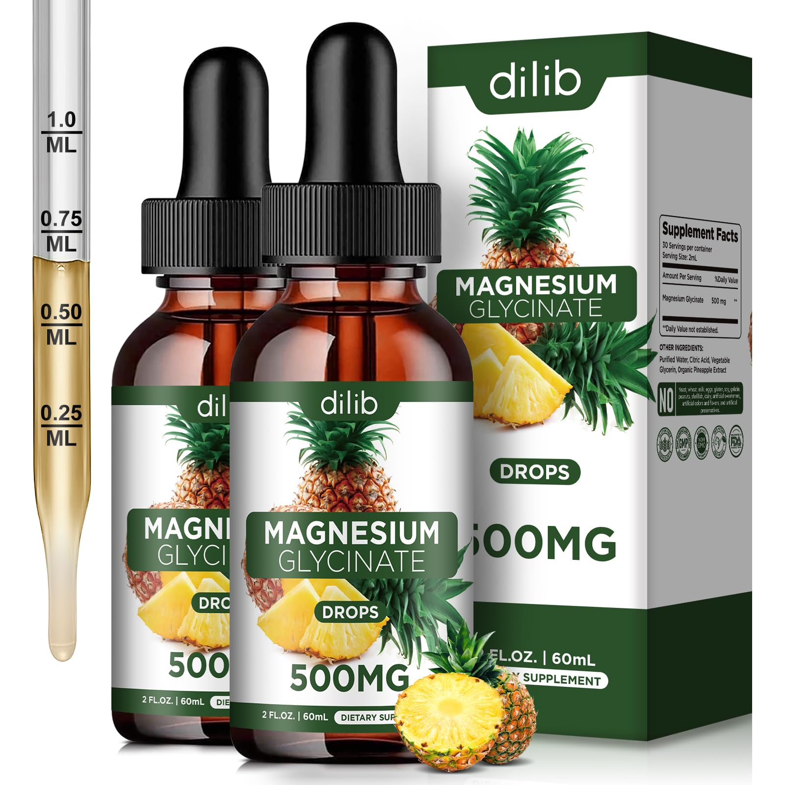 dilib Magnesium Glycinate Drops 500mg front view with pineapple flavour