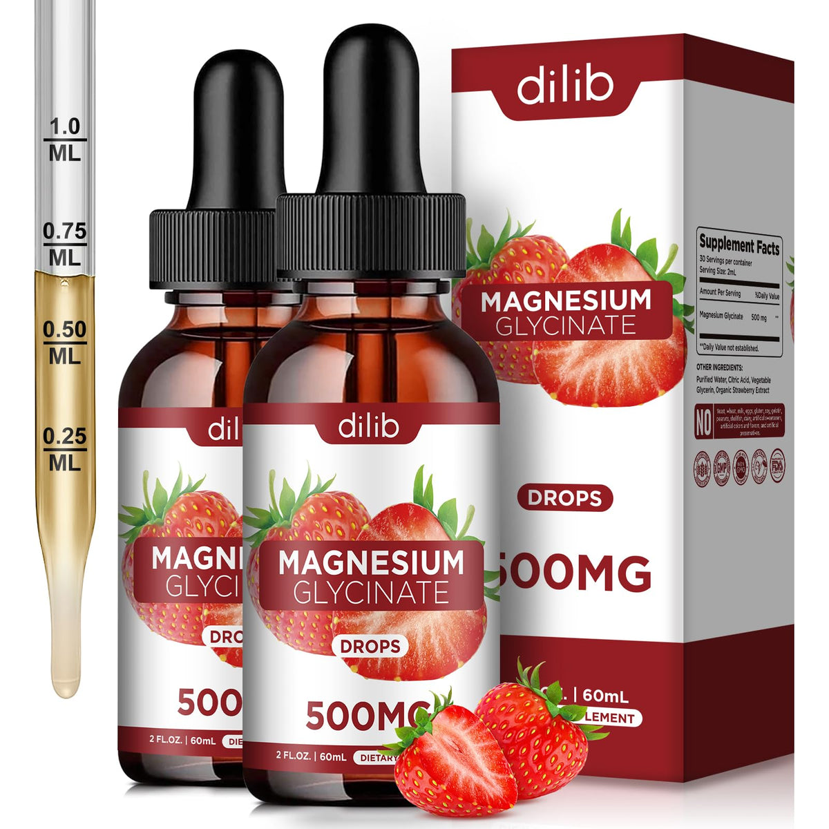 dilib Magnesium Glycinate Drops 500mg front view with strawberry flavour