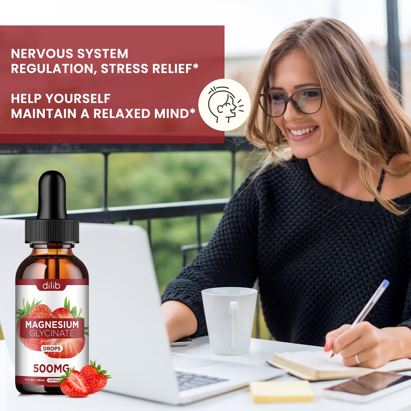 dilib Magnesium Glycinate Drops 500mg packaging on a wooden table