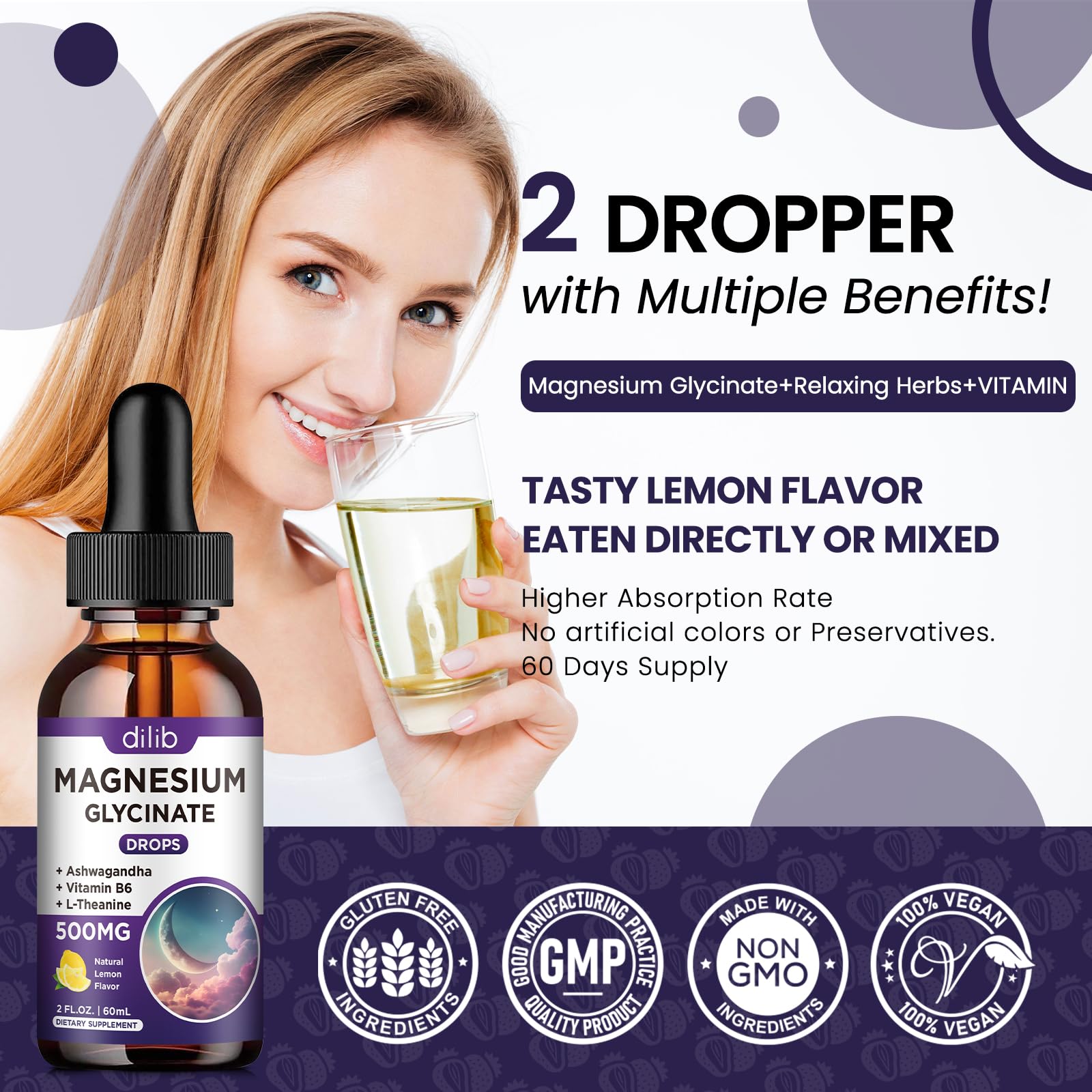 dilib Magnesium Glycinate Drops 500mg with dosage dropper