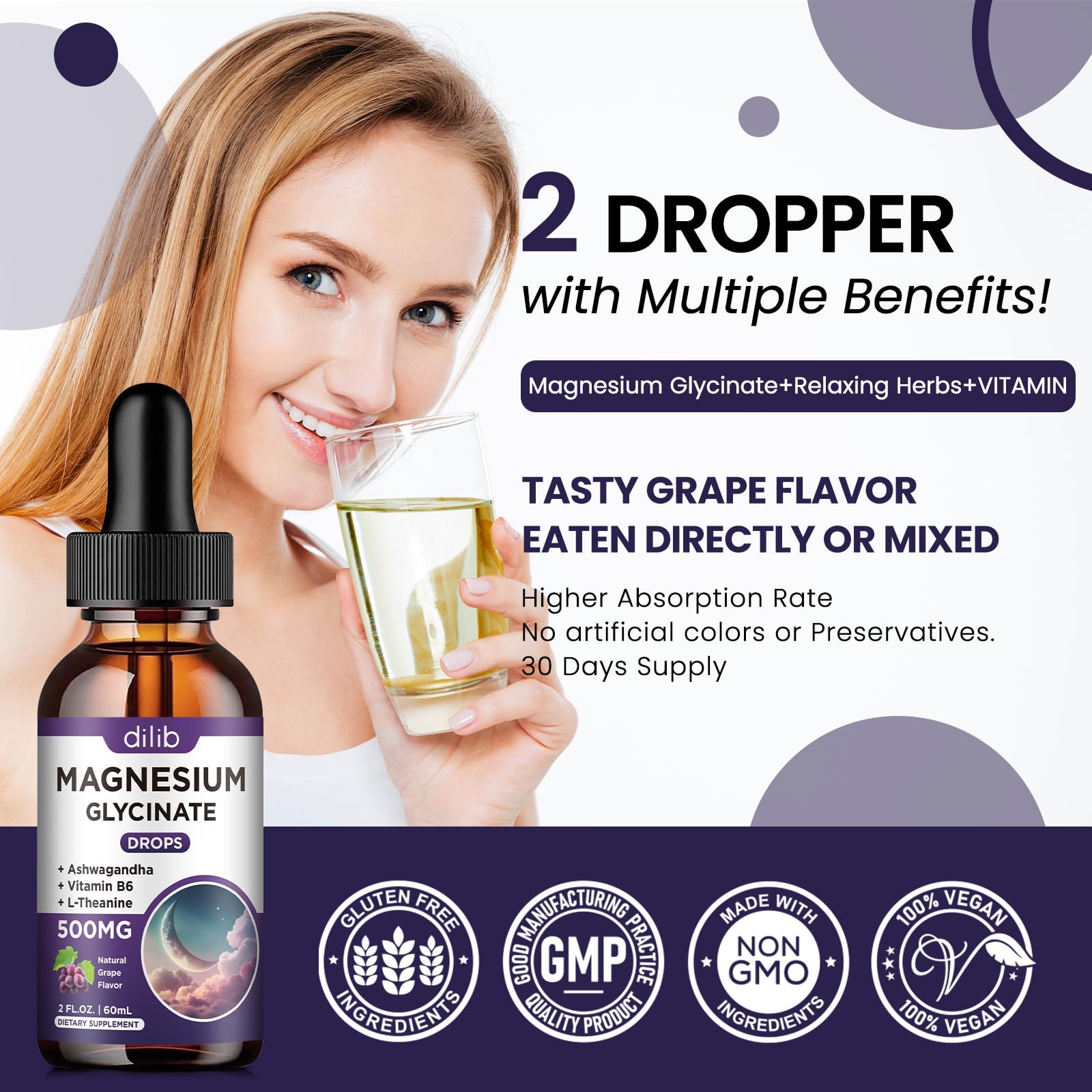 dilib Magnesium Glycinate Drops 500mg with measuring dropper
