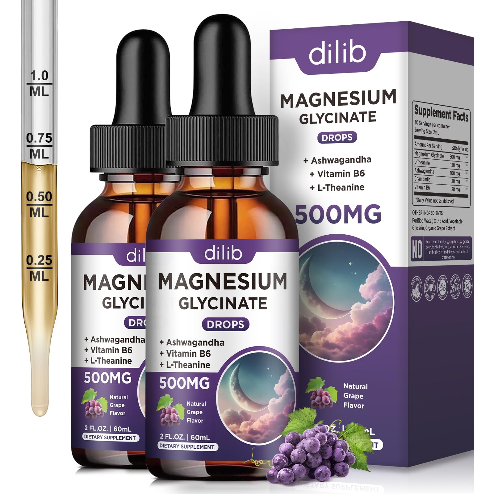 dilib Magnesium Glycinate Drops bottle front view with grape flavour