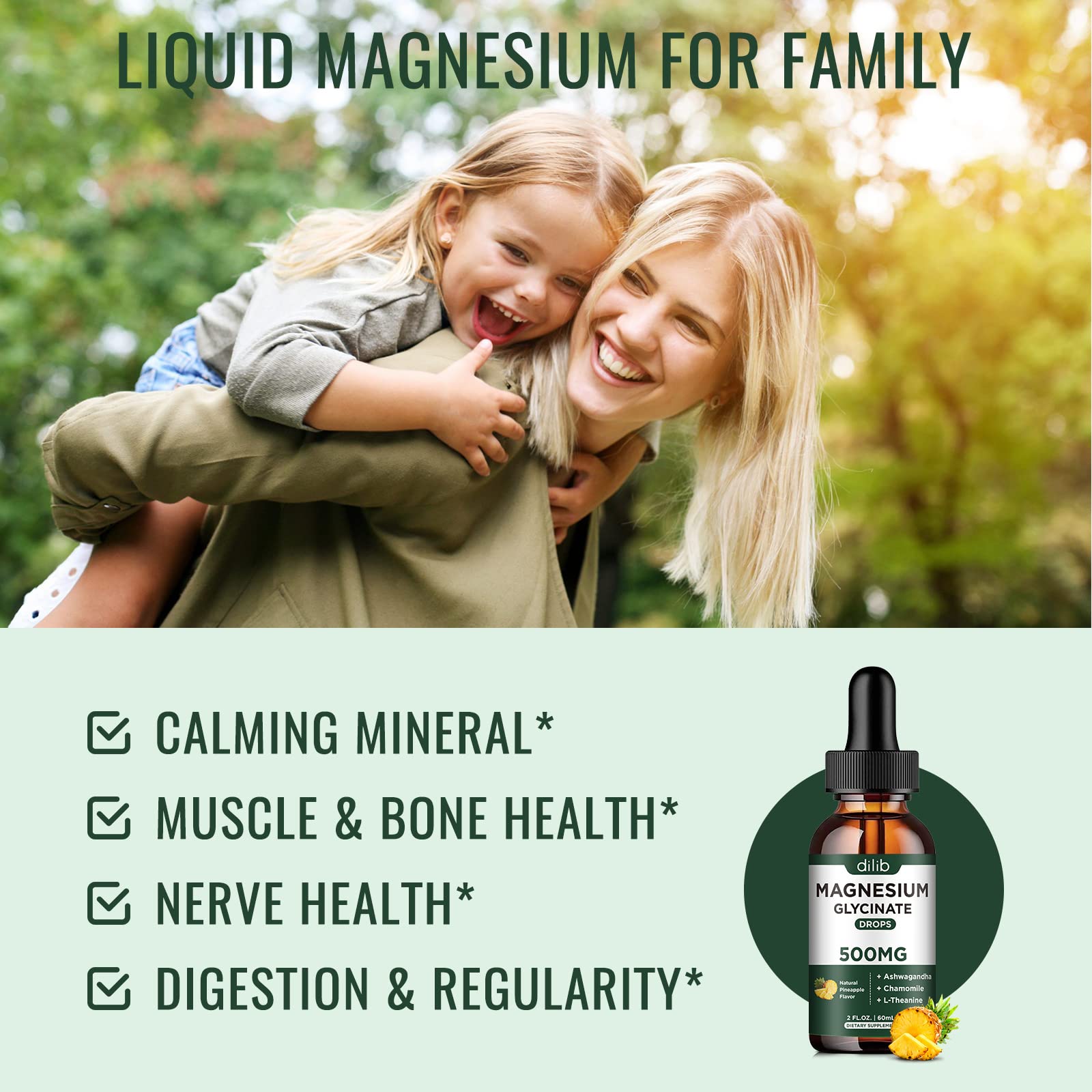dilib Magnesium Glycinate Liquid Supplement 500mg bottle with cap