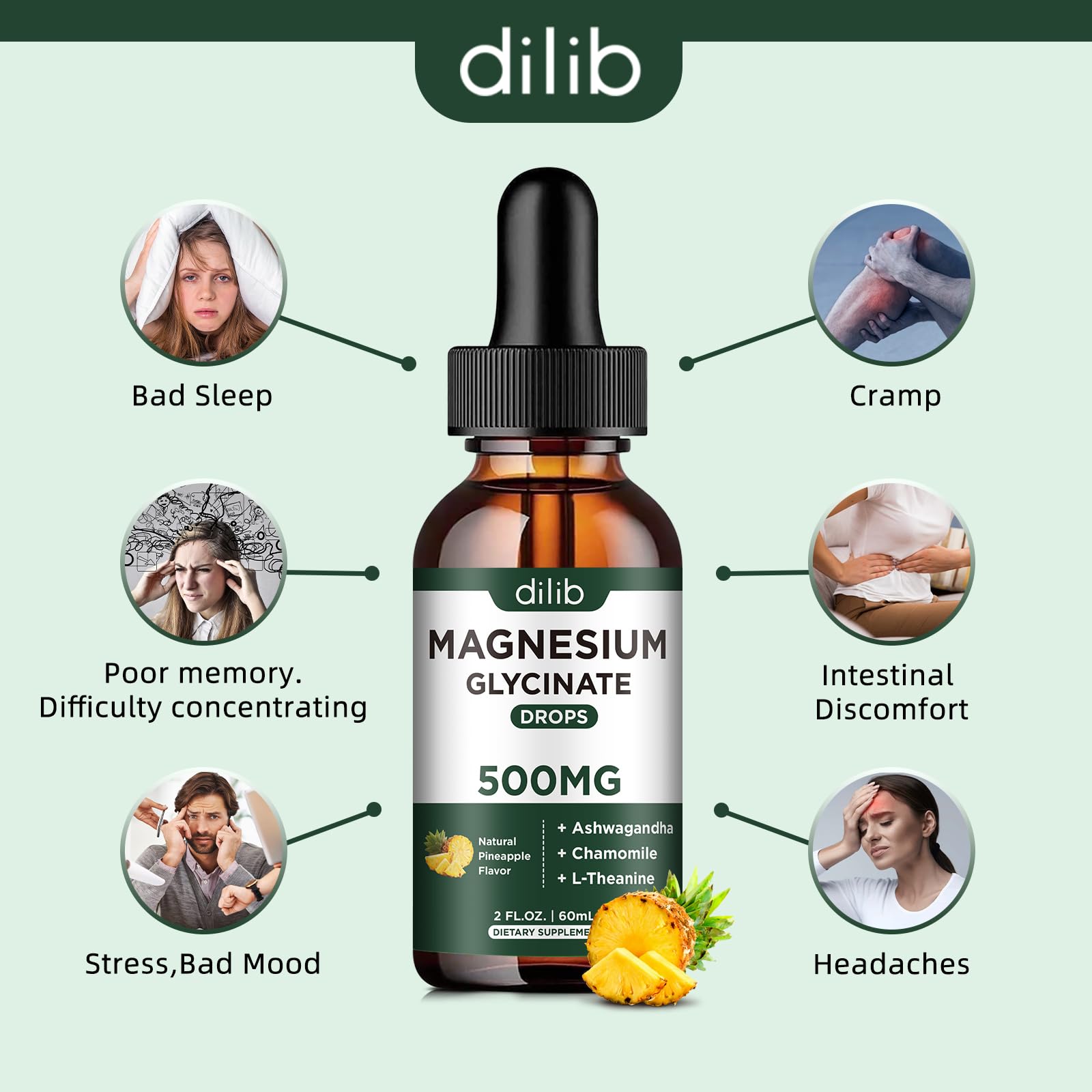 dilib Magnesium Glycinate Liquid Supplement 500mg with pineapple slices