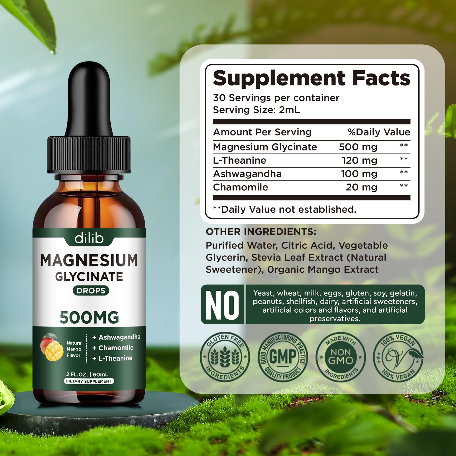 dilib Magnesium Glycinate Liquid Supplement 60ml with mango slices