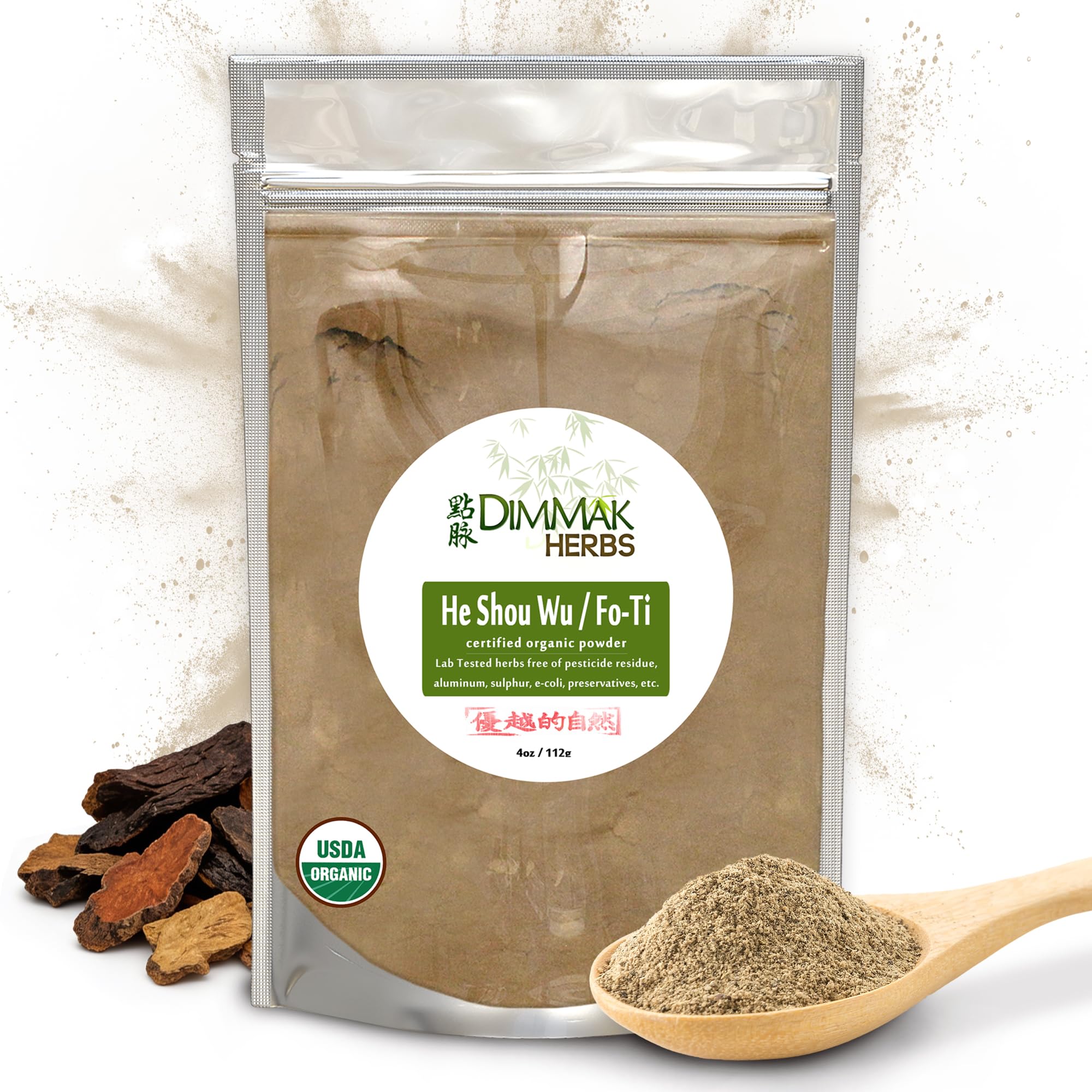 Dimmak Herbs He Shou Wu Organic Fo Ti Root Powder front view