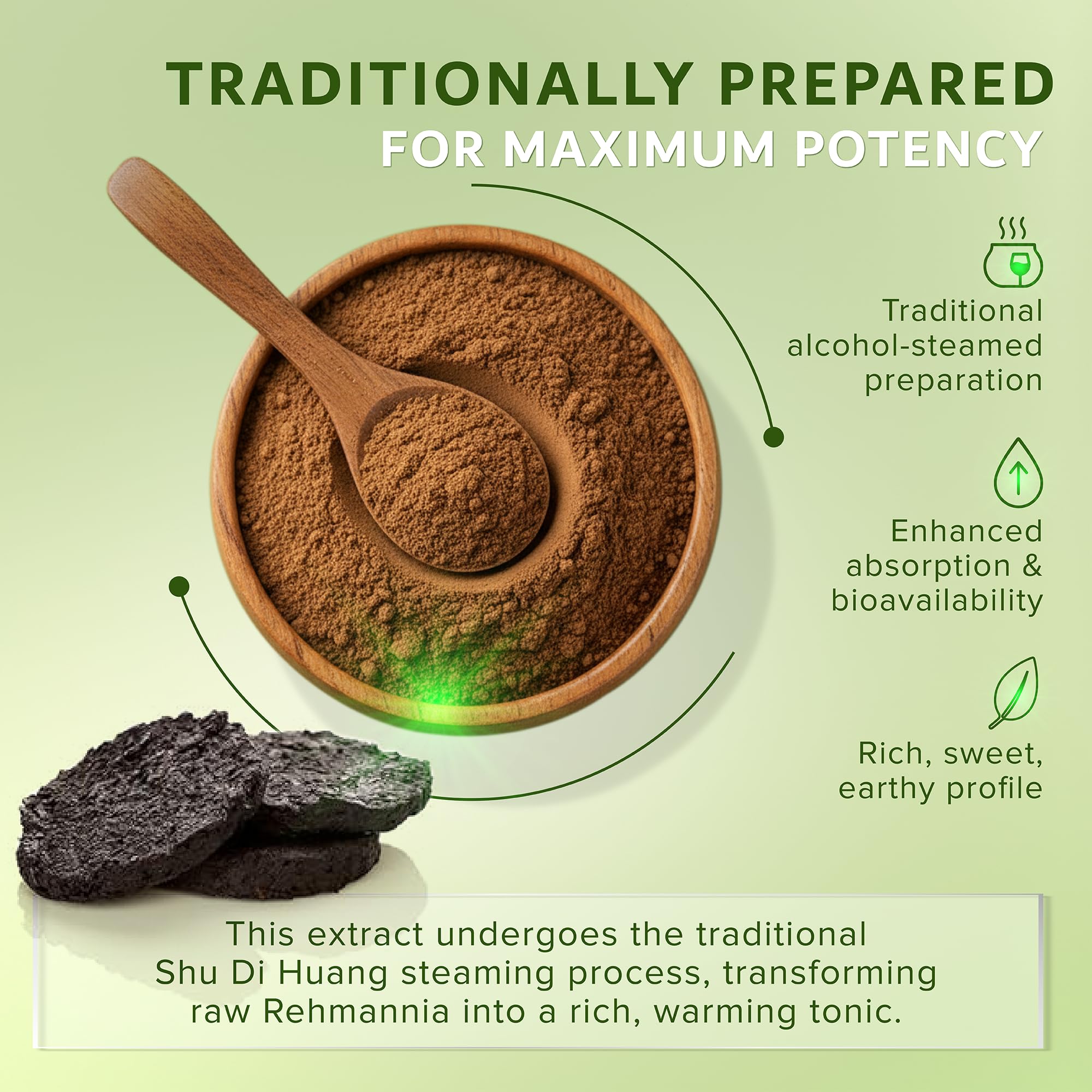 Dimmak Herbs Prepared Rehmannia Root 112g scoop with powder