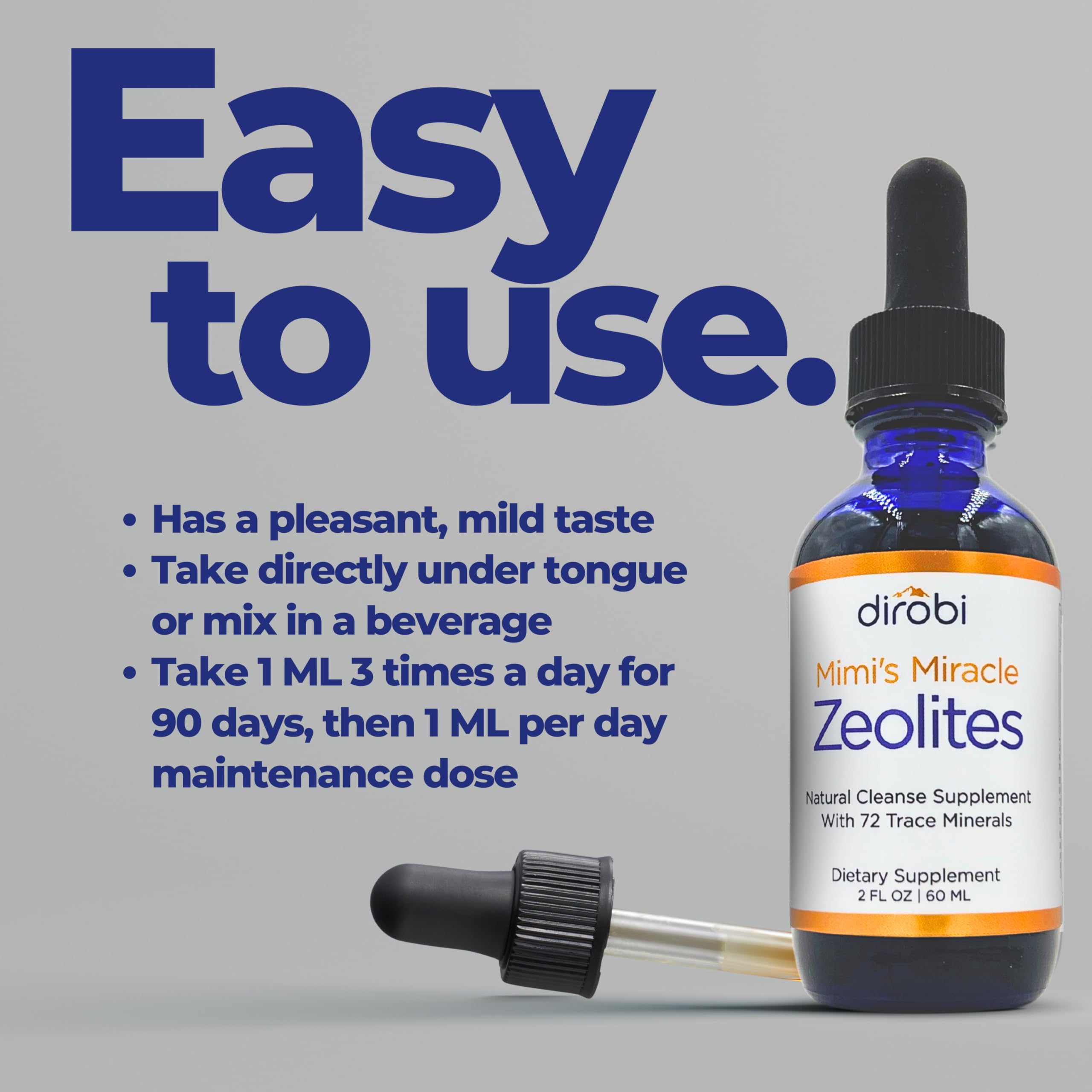 Dirobi Mimi’s Miracle Zeolites liquid supplement with measuring dropper