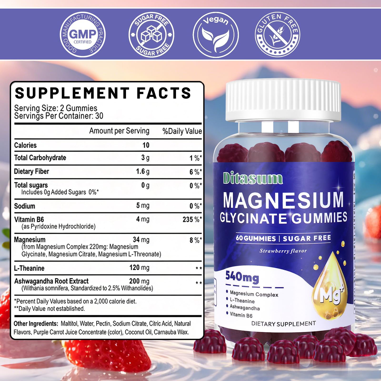 Ditasum Magnesium Glycinate Gummies side view showing nutritional information
