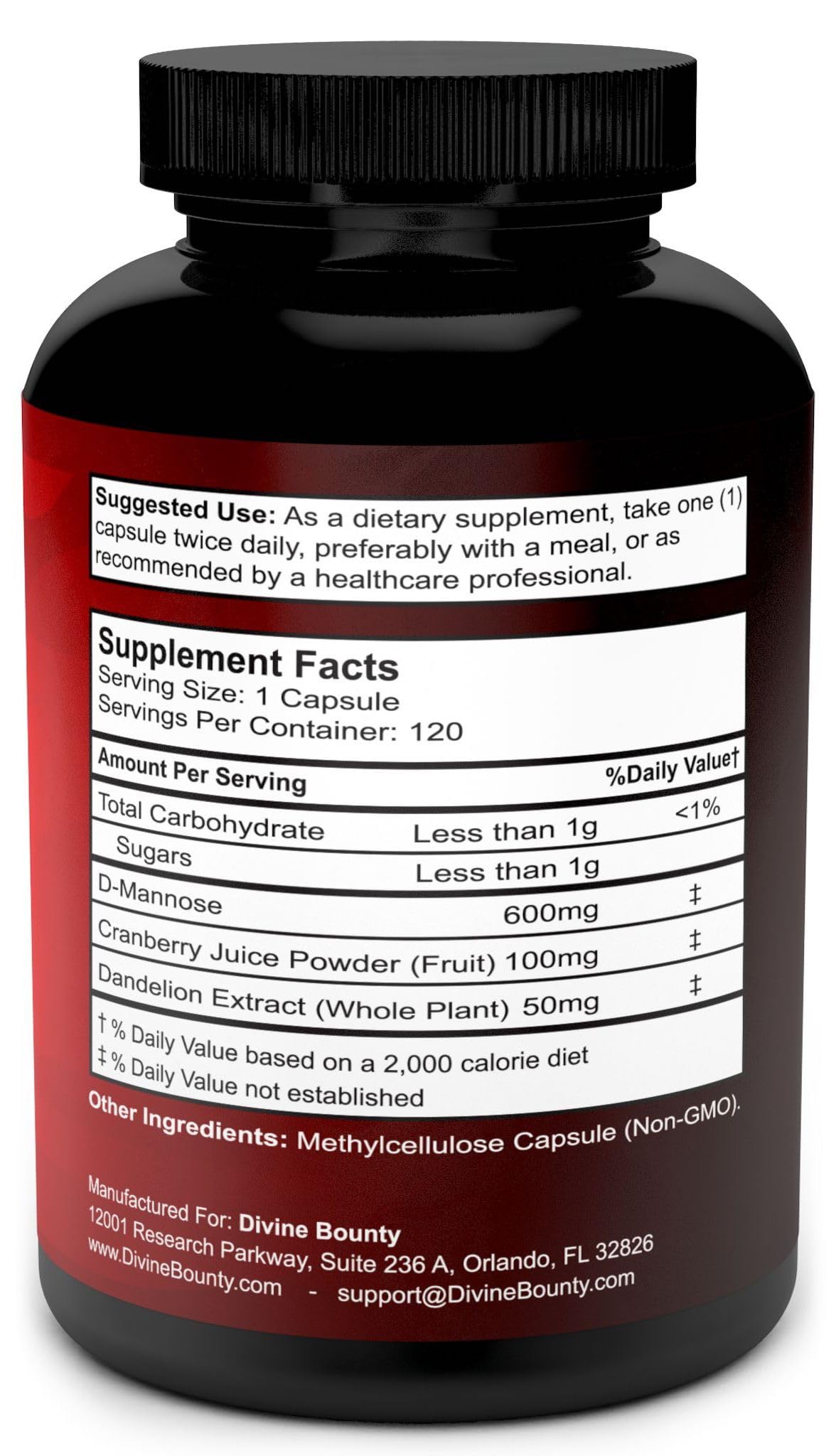 Divine Bounty D Mannose capsules bottle with 120 count