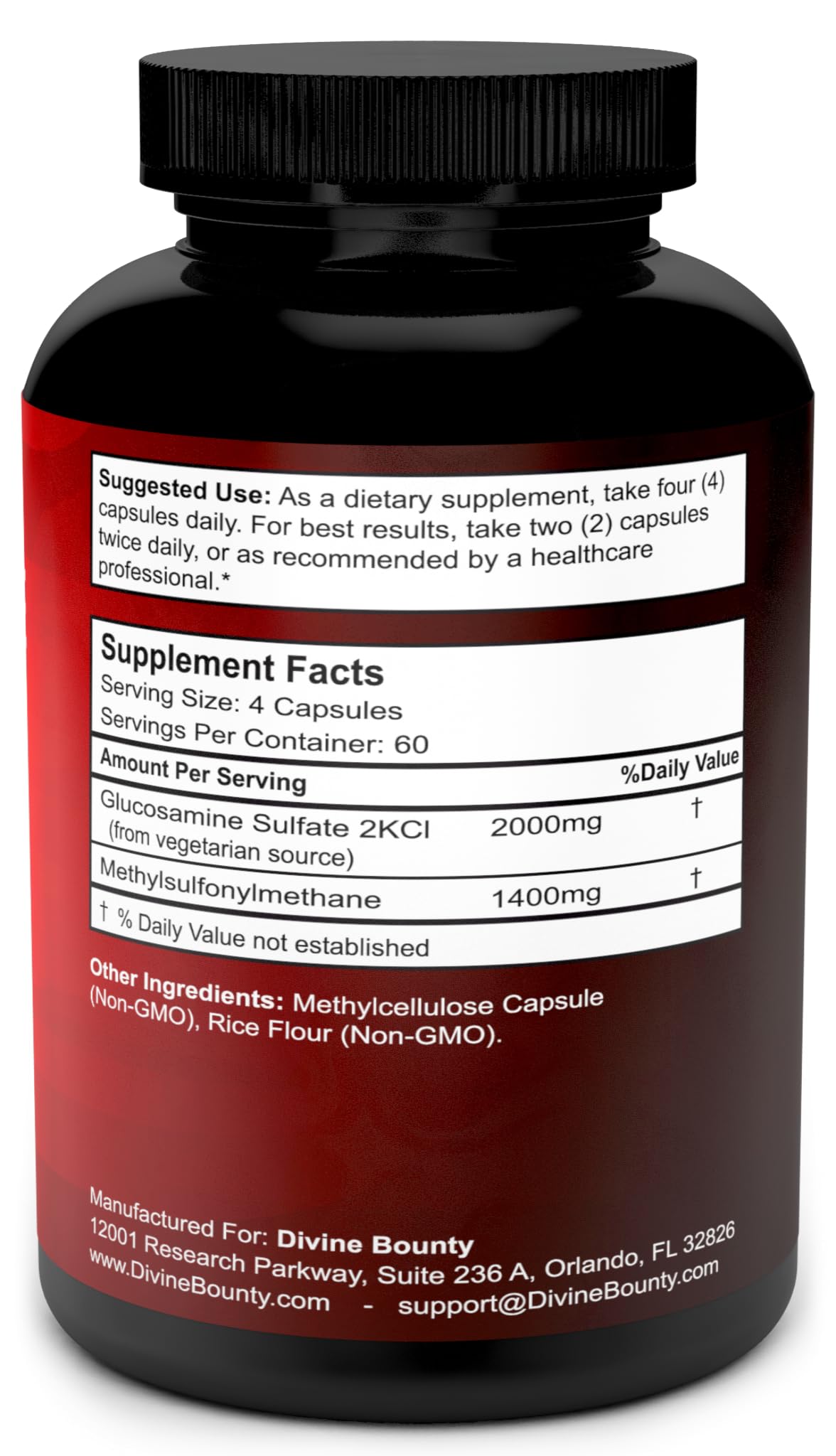 Divine Bounty Glucosamine Sulfate Supplement bottle side view