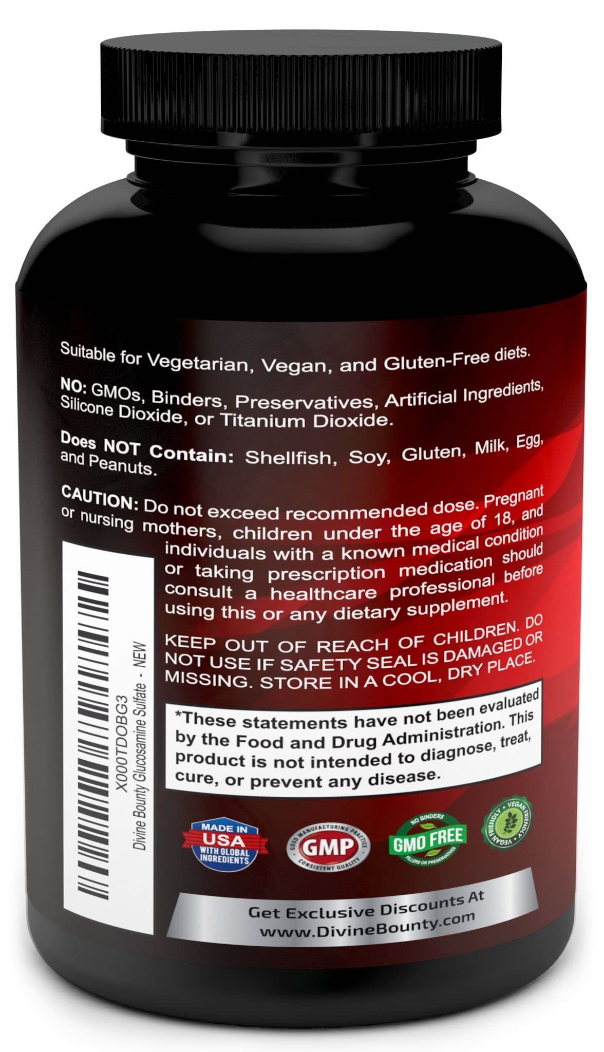 Divine Bounty Glucosamine Sulfate Supplement capsules close-up