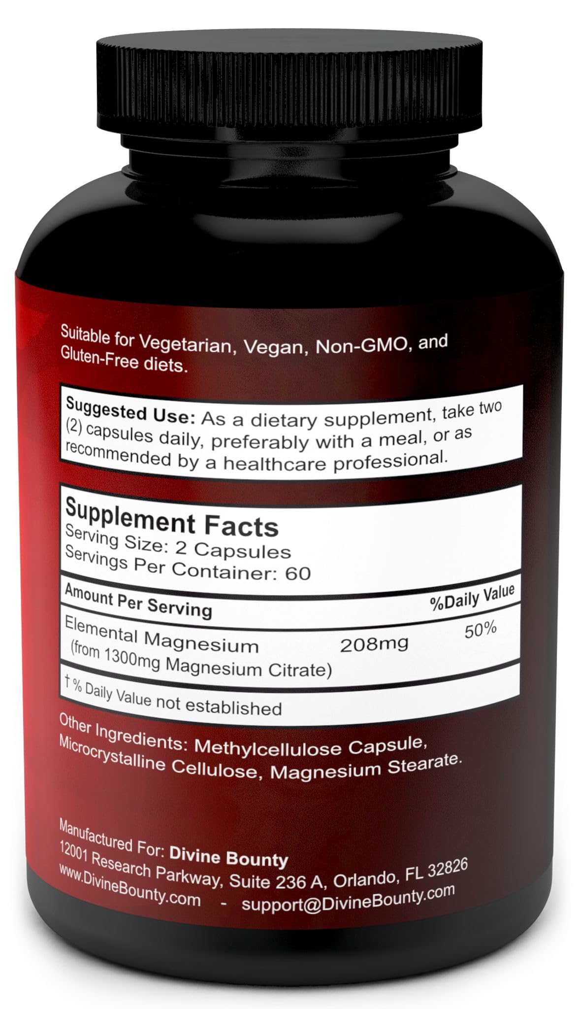 Divine Bounty Magnesium Citrate Supplement 1300mg back view with ingredients