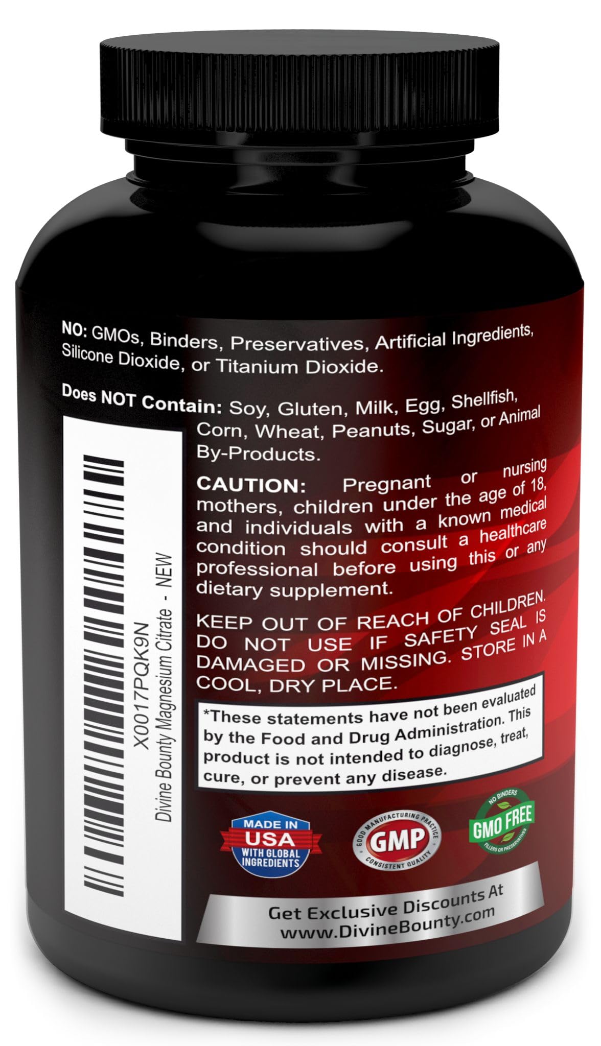 Divine Bounty Magnesium Citrate Supplement 1300mg bottle side view