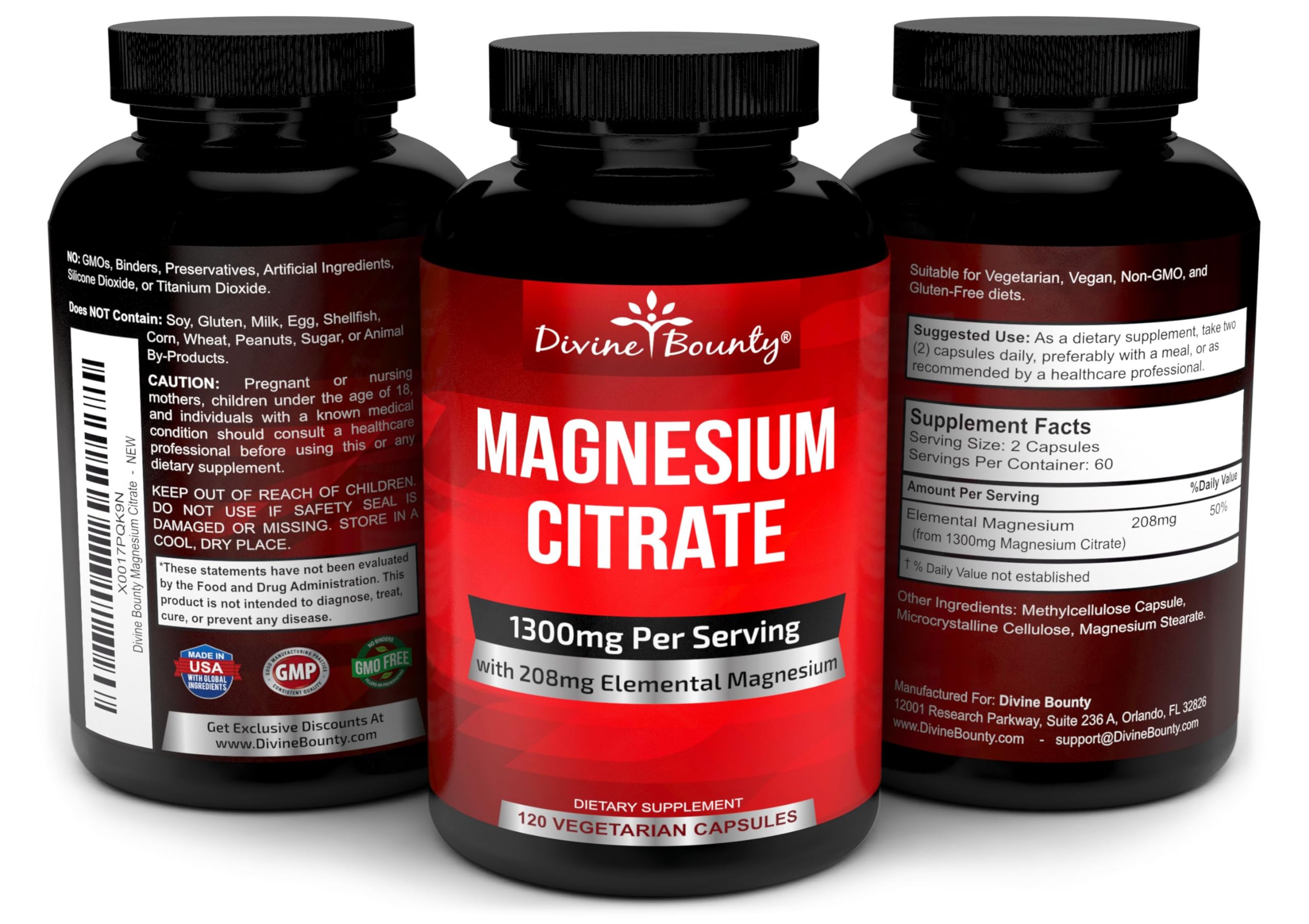 Divine Bounty Magnesium Citrate Supplement 1300mg capsules on a white background