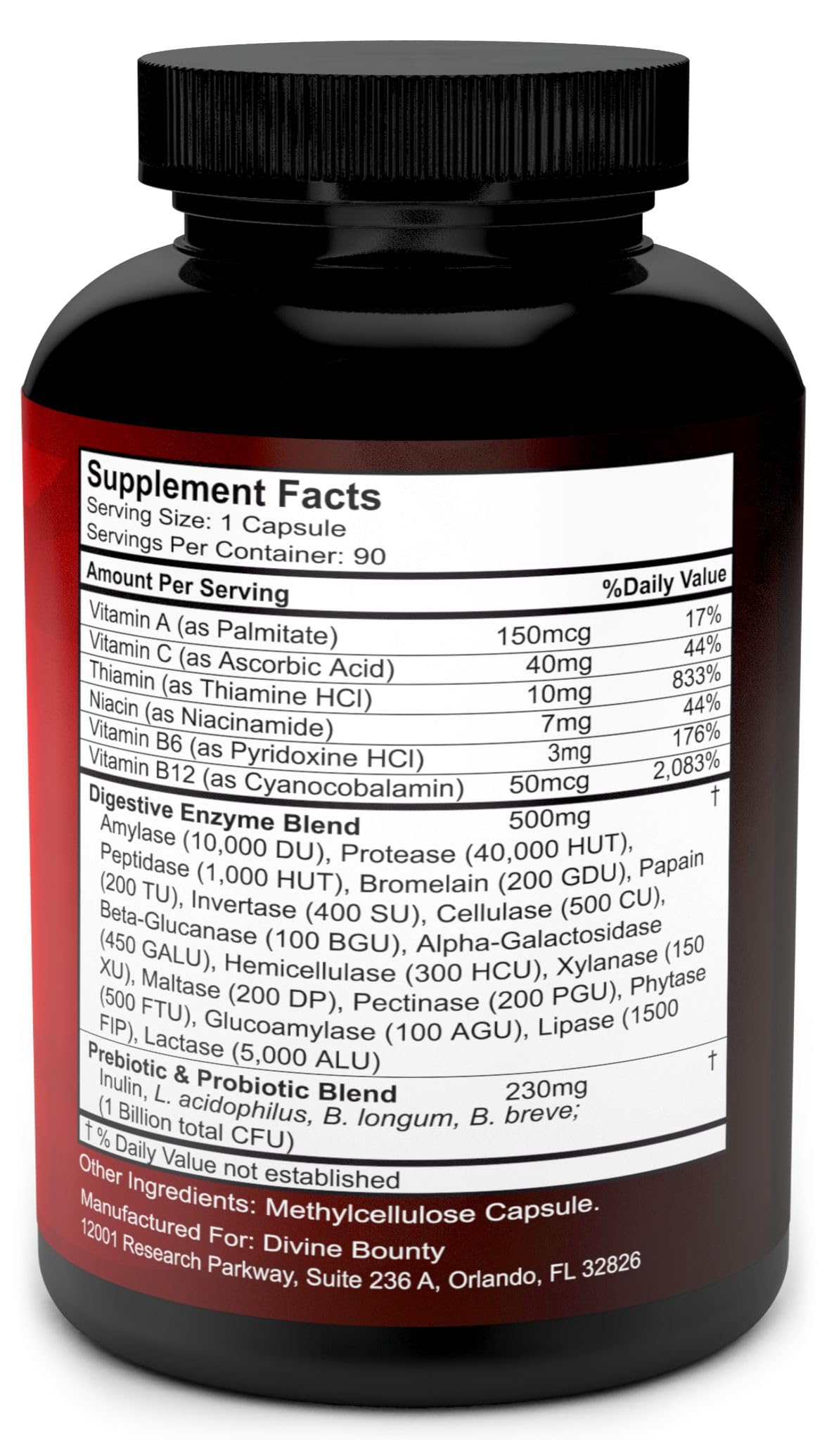 Divine Bounty Multi-Enzyme Supplement 500mg capsule back view