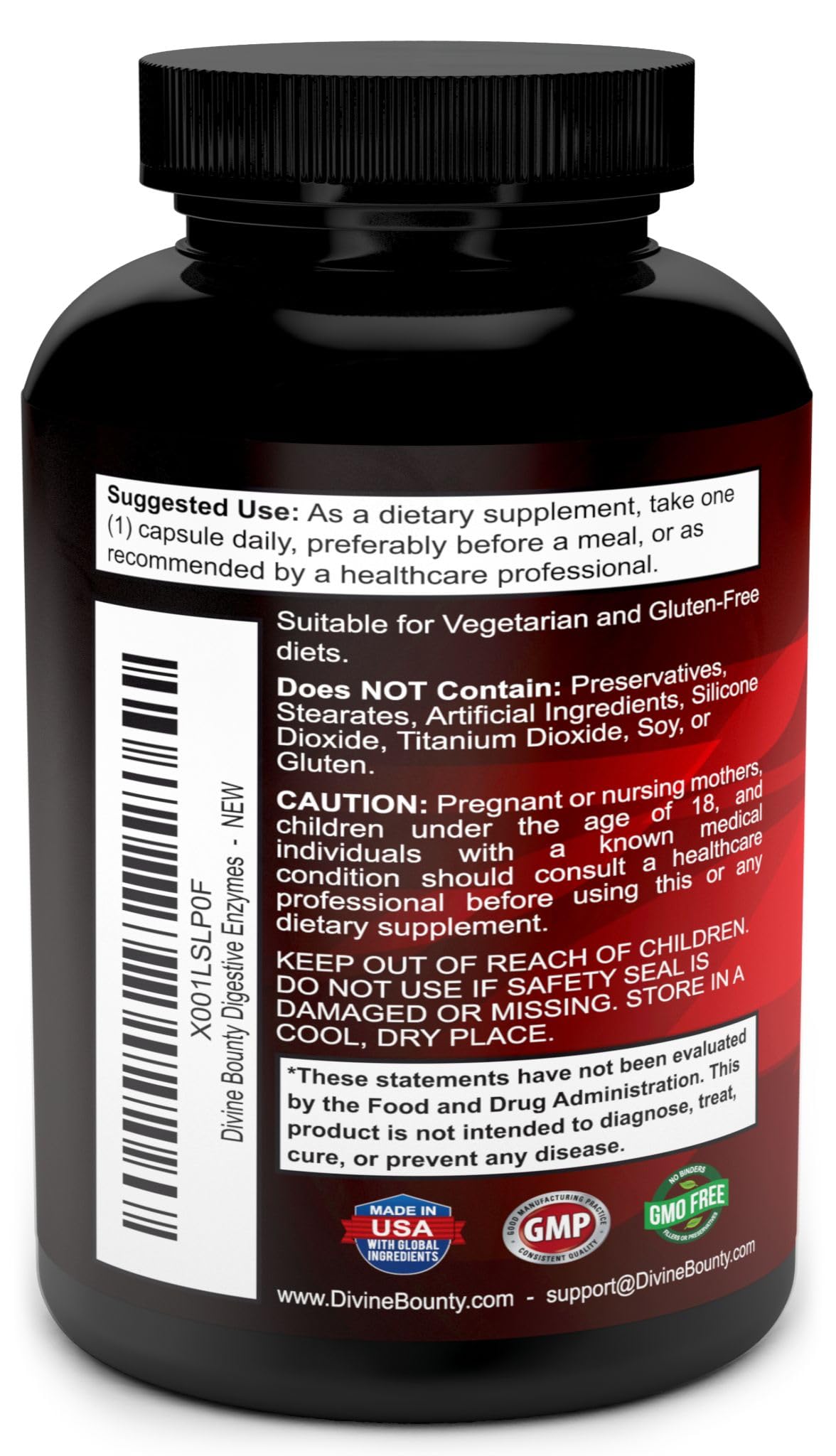 Divine Bounty Multi-Enzyme Supplement 500mg capsule side view