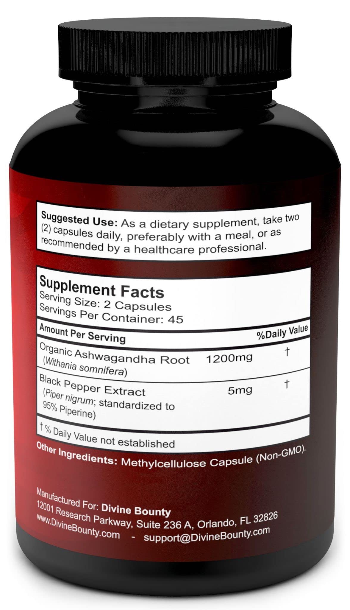 Divine Bounty Organic Ashwagandha 90 capsules side view