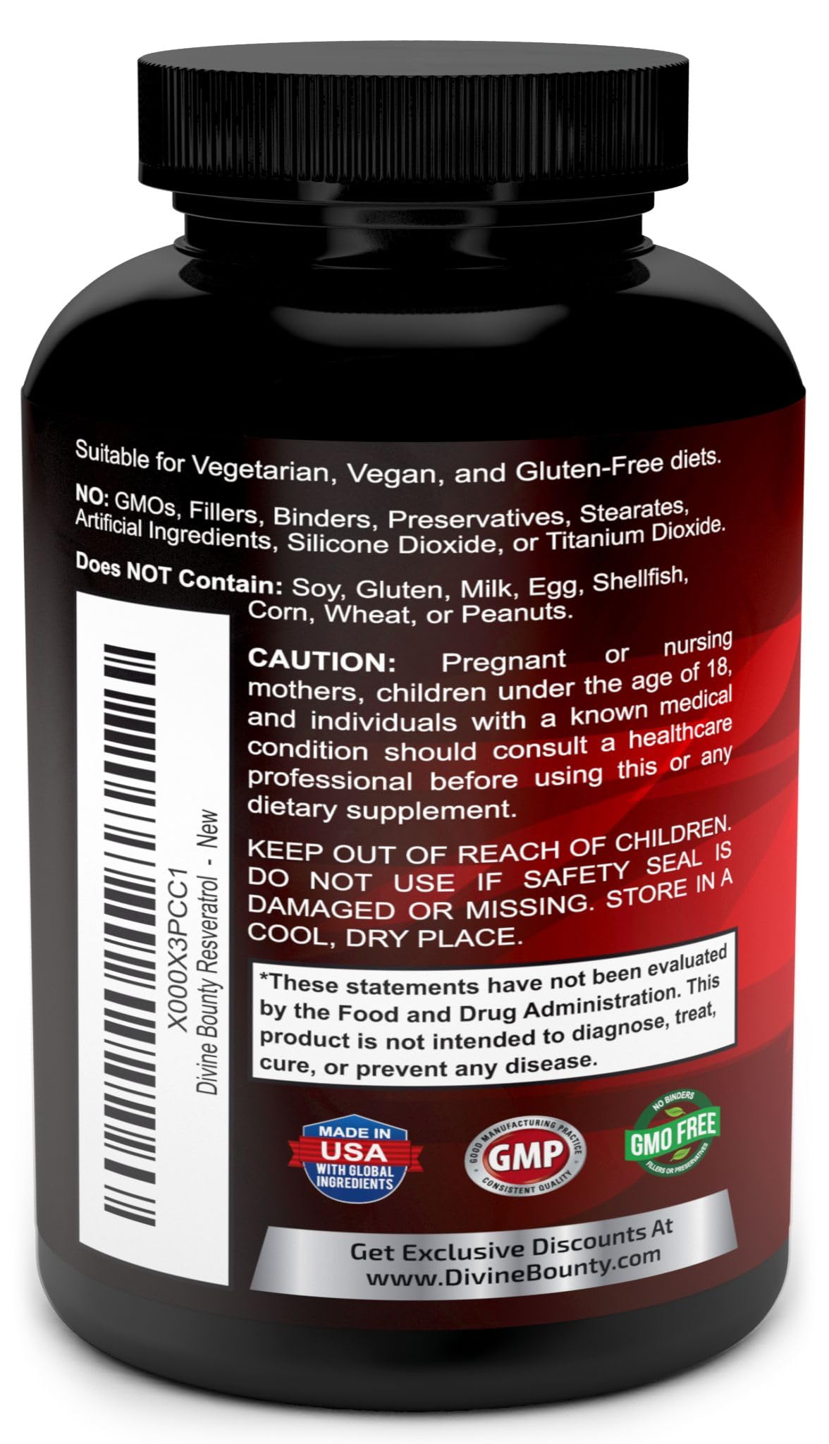 Divine Bounty Resveratrol Supplement side view with ingredients