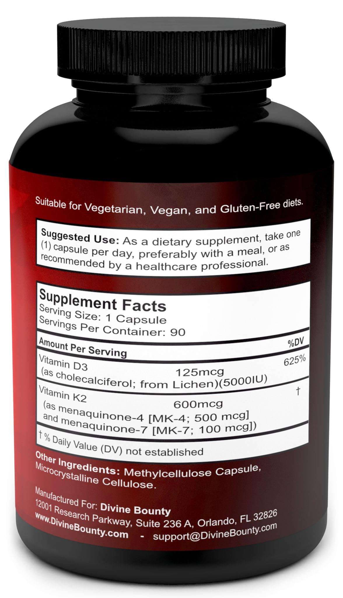Divine Bounty Vitamin D3 & K2 3-in-1 Supplement side view with dosage details