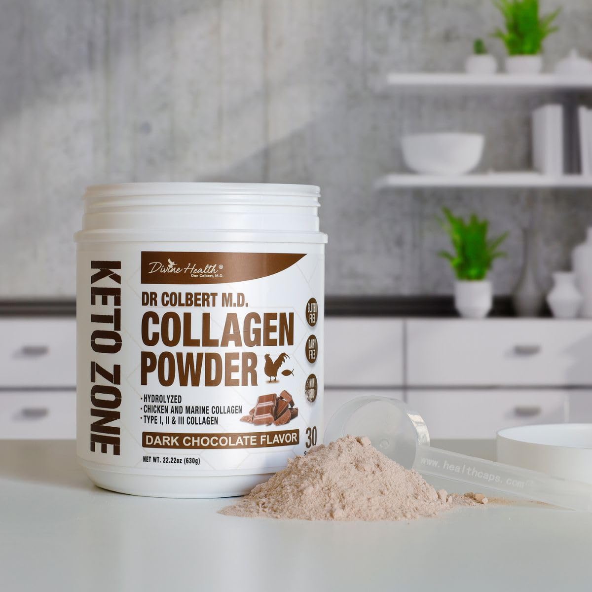 Divine Health Chocolate Flavour Hydrolyzed Collagen scoop with powder