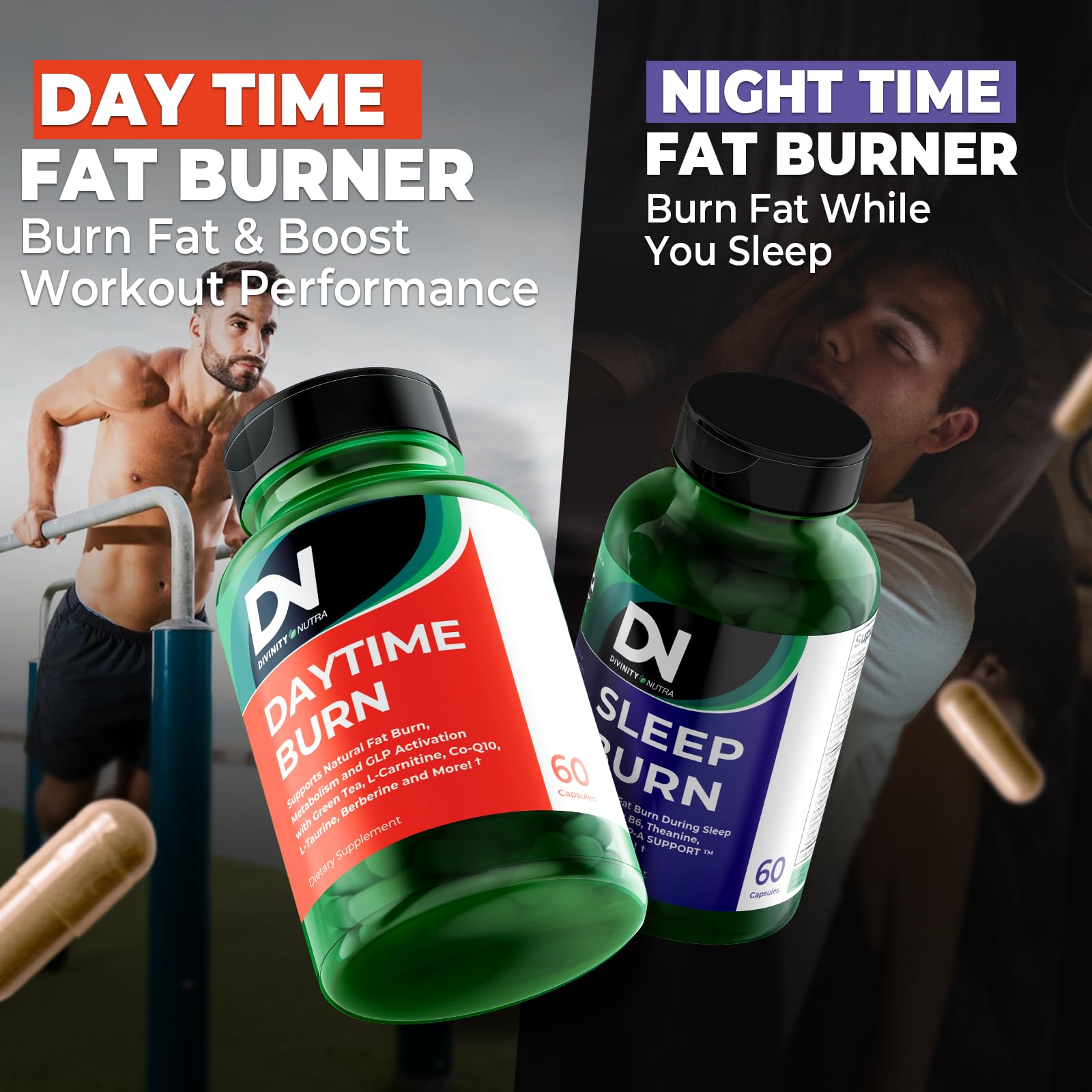 Divinity Nutra DN Daytime Fat Burner displayed on a wooden table