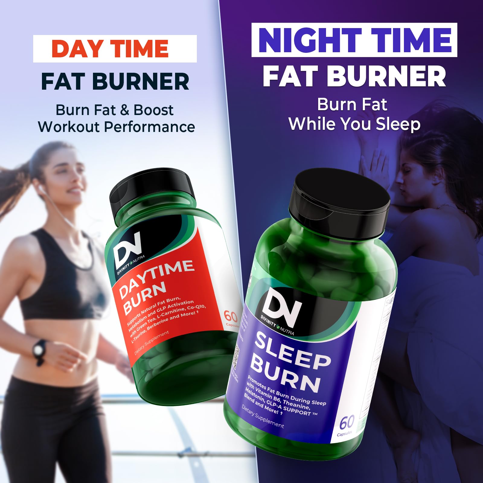 Divinity Nutra DN Sleep Burn 16-in-1 Supplement on a wooden table
