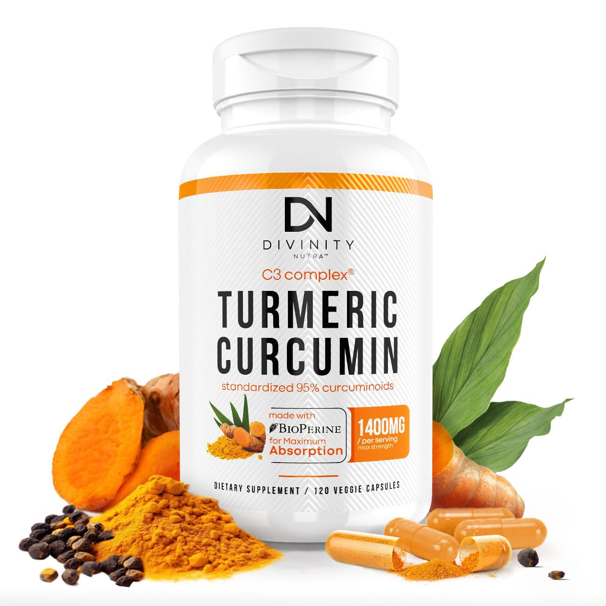 Divinity Nutra Turmeric Curcumin 1400mg supplement bottle front view