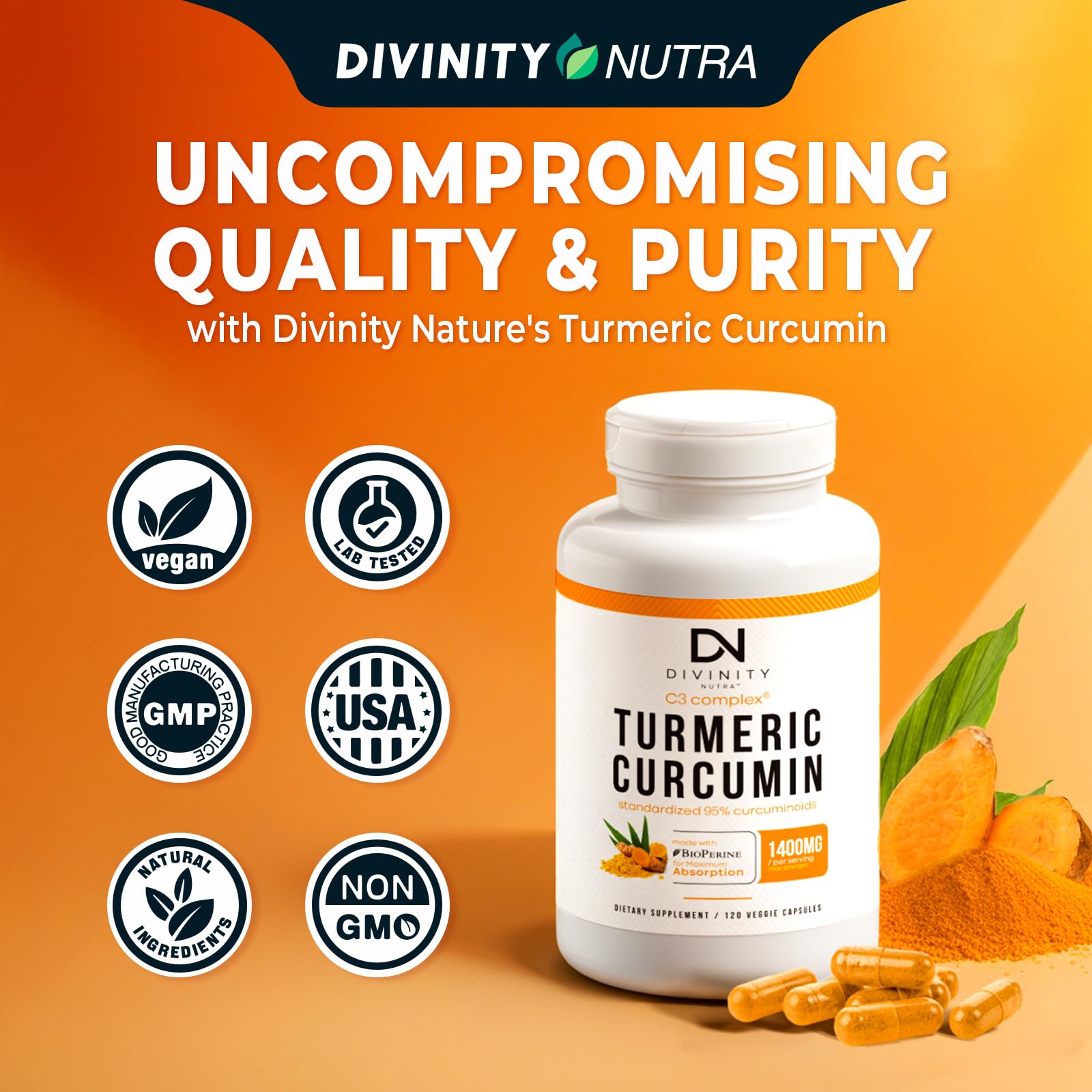 Divinity Nutra Turmeric Curcumin 1400mg supplement bottle side view