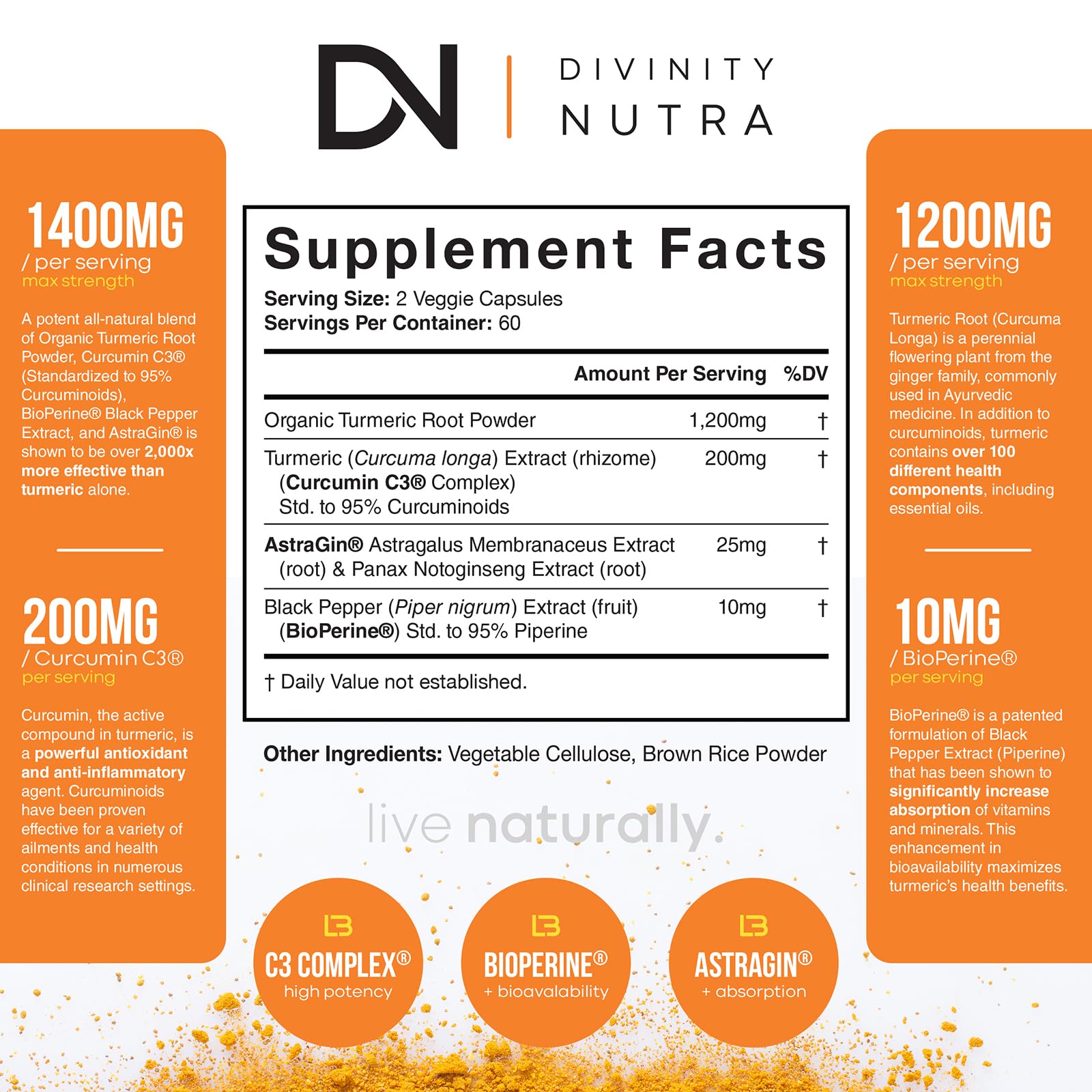 Divinity Nutra Turmeric Curcumin 1400mg supplement capsules close-up